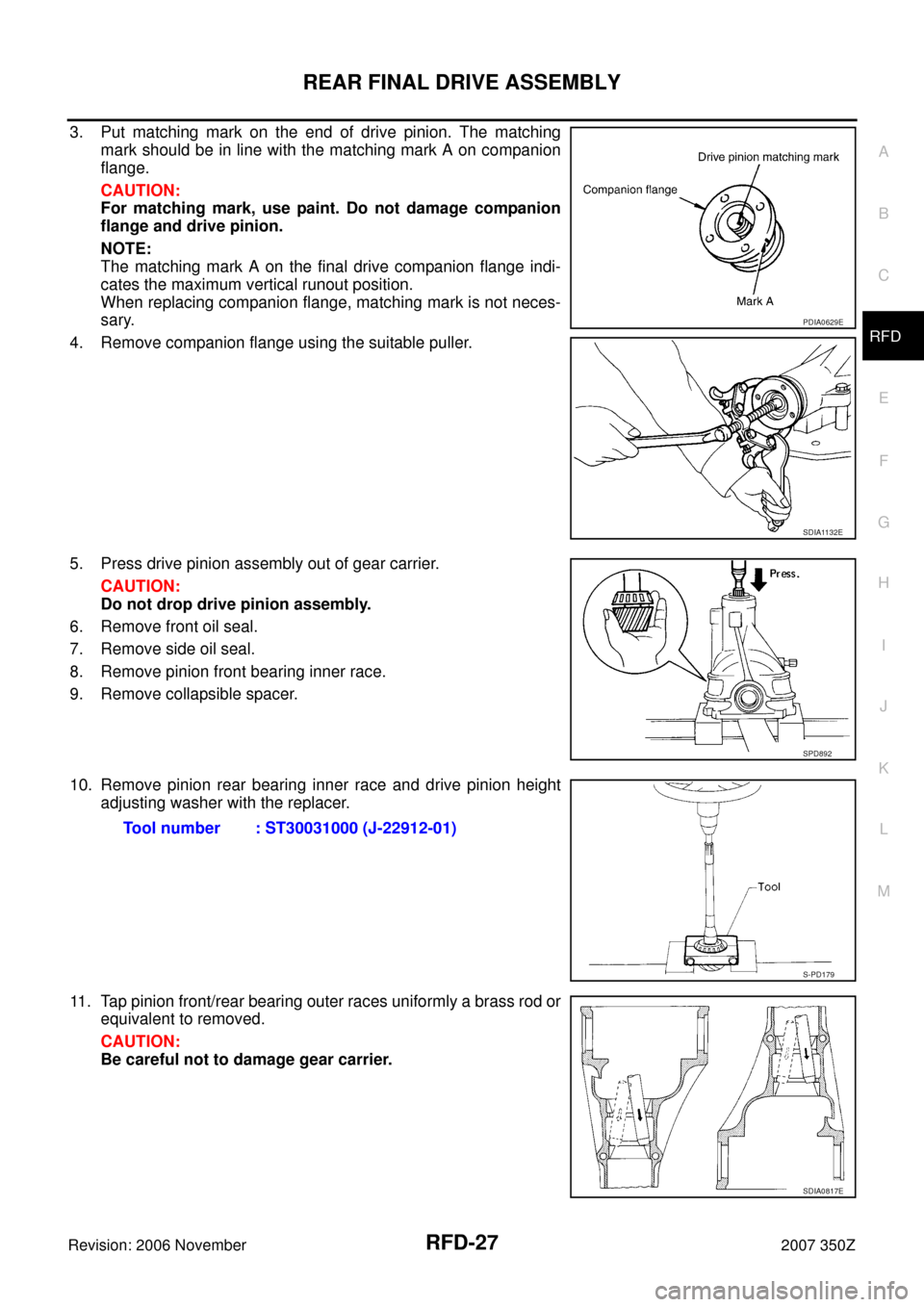 NISSAN 350Z 2007 Z33 Rear Final Drive Owners Manual REAR FINAL DRIVE ASSEMBLY
RFD-27
C
E
F
G
H
I
J
K
L
MA
B
RFD
Revision: 2006 November2007 350Z
3. Put matching mark on the end of drive pinion. The matching
mark should be in line with the matching mark