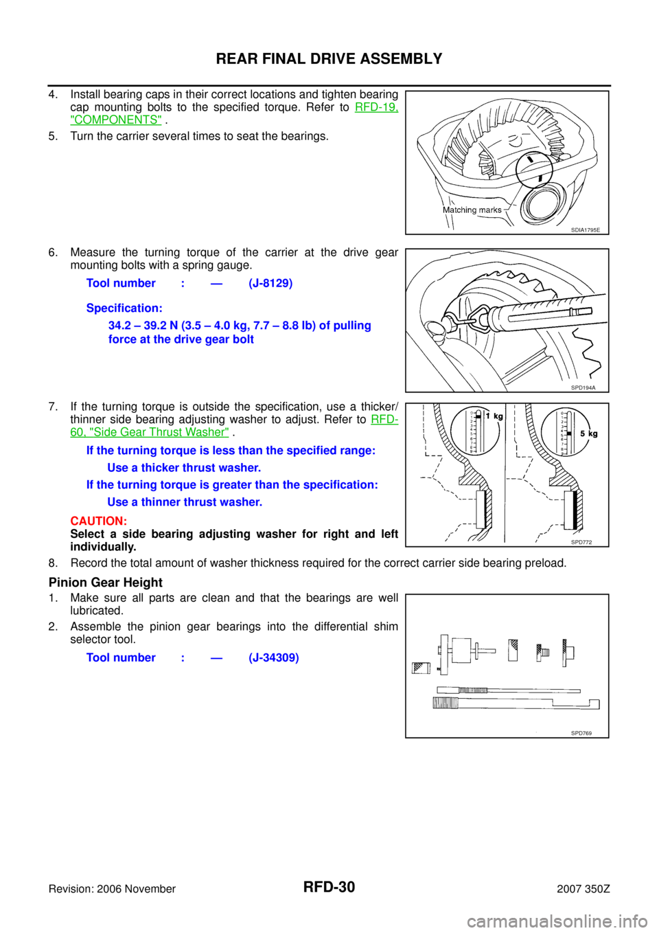 NISSAN 350Z 2007 Z33 Rear Final Drive Owners Manual RFD-30
REAR FINAL DRIVE ASSEMBLY
Revision: 2006 November2007 350Z
4. Install bearing caps in their correct locations and tighten bearing
cap mounting bolts to the specified torque. Refer to RFD-19,
"C