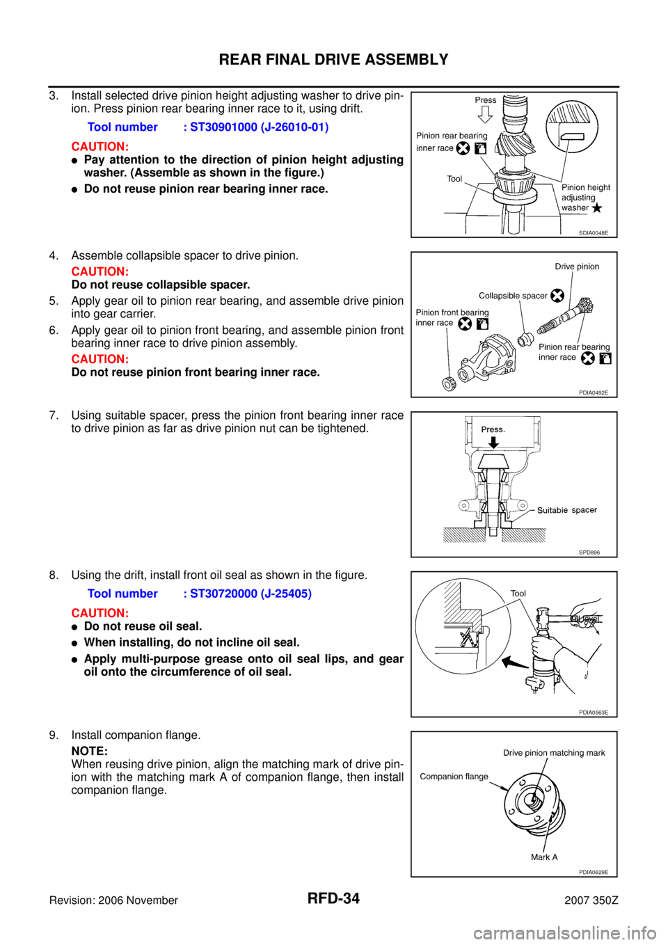 NISSAN 350Z 2007 Z33 Rear Final Drive Workshop Manual RFD-34
REAR FINAL DRIVE ASSEMBLY
Revision: 2006 November2007 350Z
3. Install selected drive pinion height adjusting washer to drive pin-
ion. Press pinion rear bearing inner race to it, using drift.
C