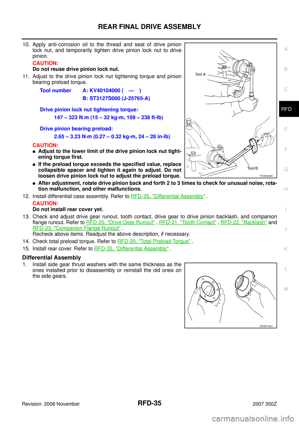 NISSAN 350Z 2007 Z33 Rear Final Drive Workshop Manual REAR FINAL DRIVE ASSEMBLY
RFD-35
C
E
F
G
H
I
J
K
L
MA
B
RFD
Revision: 2006 November2007 350Z
10. Apply anti-corrosion oil to the thread and seat of drive pinion
lock nut, and temporarily tighten drive