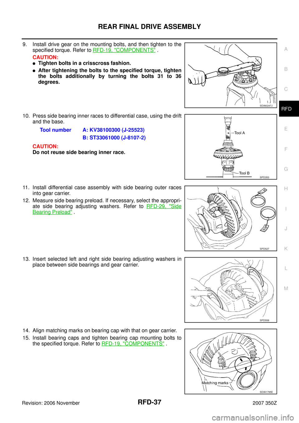 NISSAN 350Z 2007 Z33 Rear Final Drive Owners Guide REAR FINAL DRIVE ASSEMBLY
RFD-37
C
E
F
G
H
I
J
K
L
MA
B
RFD
Revision: 2006 November2007 350Z
9. Install drive gear on the mounting bolts, and then tighten to the
specified torque. Refer to RFD-19, "
C