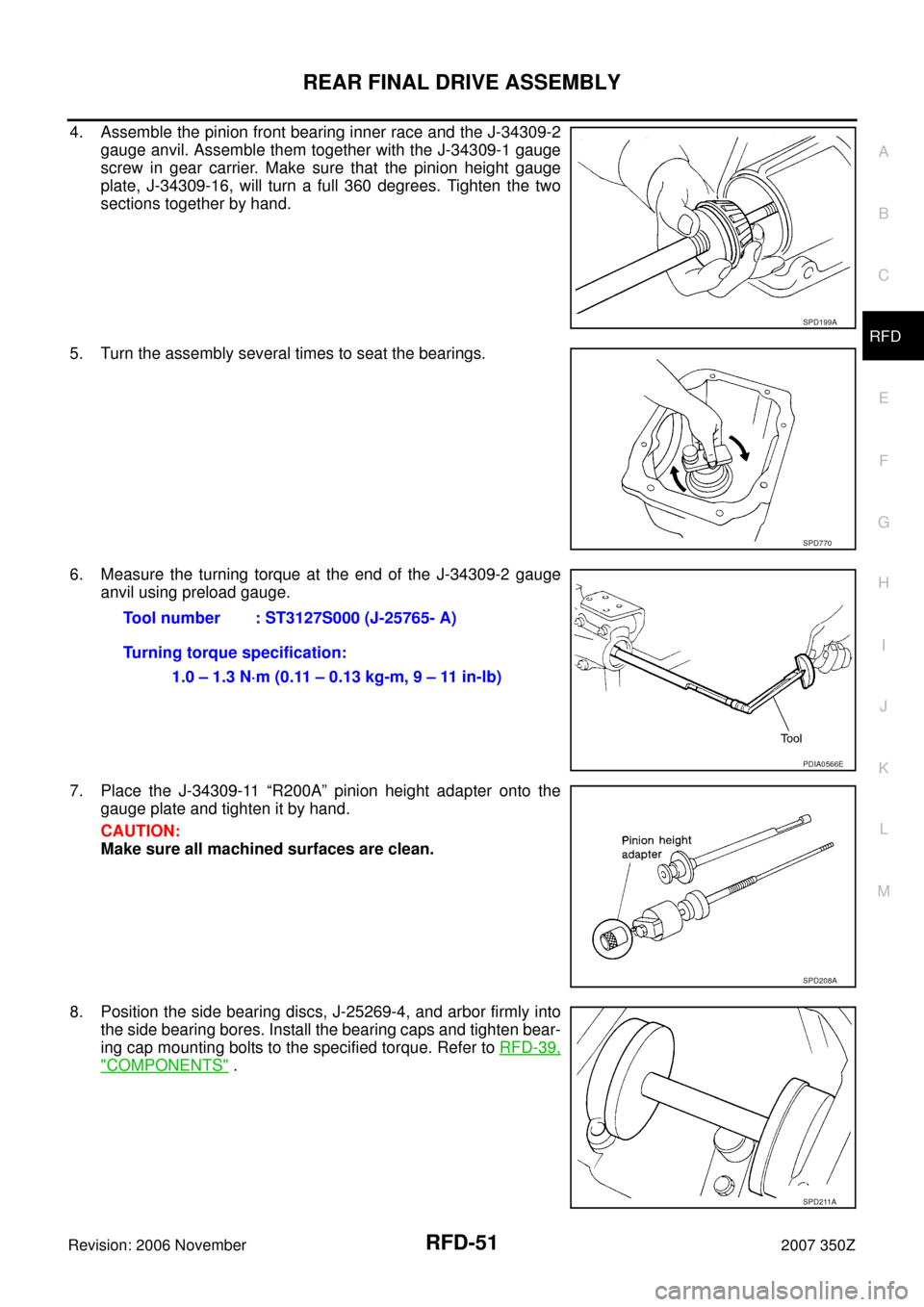 NISSAN 350Z 2007 Z33 Rear Final Drive Repair Manual REAR FINAL DRIVE ASSEMBLY
RFD-51
C
E
F
G
H
I
J
K
L
MA
B
RFD
Revision: 2006 November2007 350Z
4. Assemble the pinion front bearing inner race and the J-34309-2
gauge anvil. Assemble them together with 