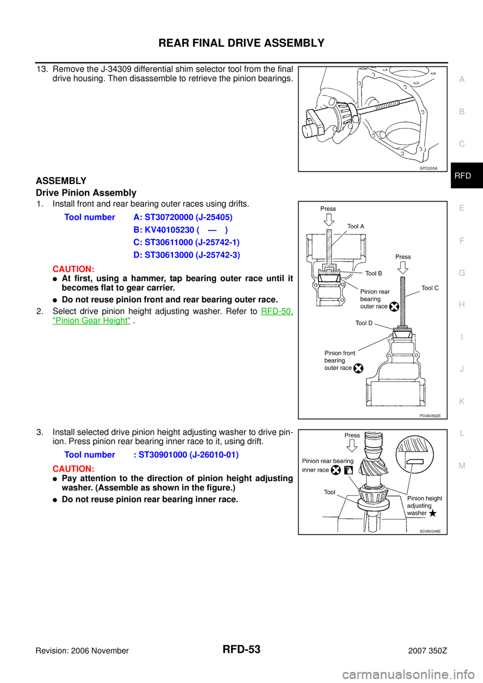 NISSAN 350Z 2007 Z33 Rear Final Drive Repair Manual REAR FINAL DRIVE ASSEMBLY
RFD-53
C
E
F
G
H
I
J
K
L
MA
B
RFD
Revision: 2006 November2007 350Z
13. Remove the J-34309 differential shim selector tool from the final
drive housing. Then disassemble to re