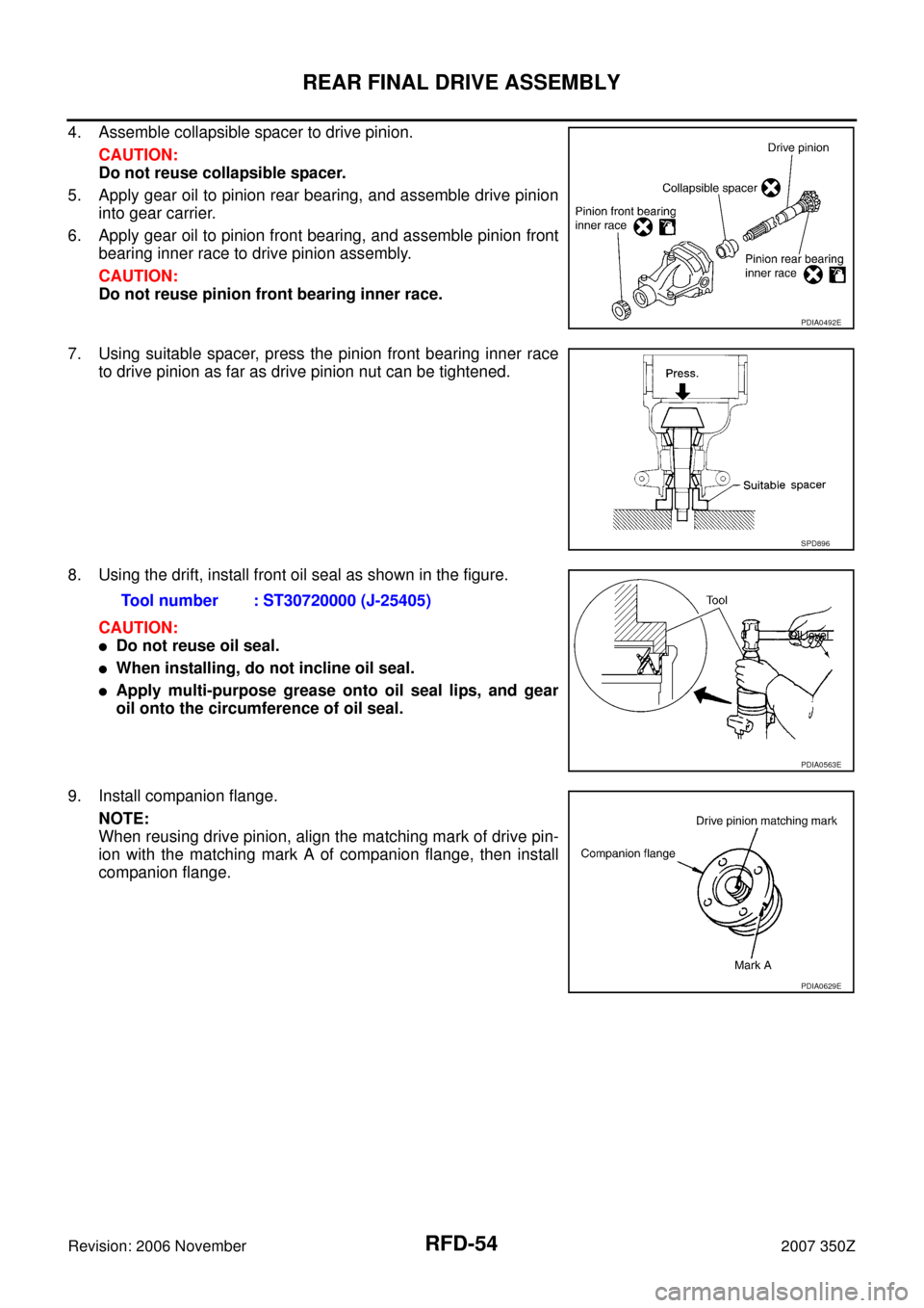 NISSAN 350Z 2007 Z33 Rear Final Drive Repair Manual RFD-54
REAR FINAL DRIVE ASSEMBLY
Revision: 2006 November2007 350Z
4. Assemble collapsible spacer to drive pinion.
CAUTION:
Do not reuse collapsible spacer.
5. Apply gear oil to pinion rear bearing, an