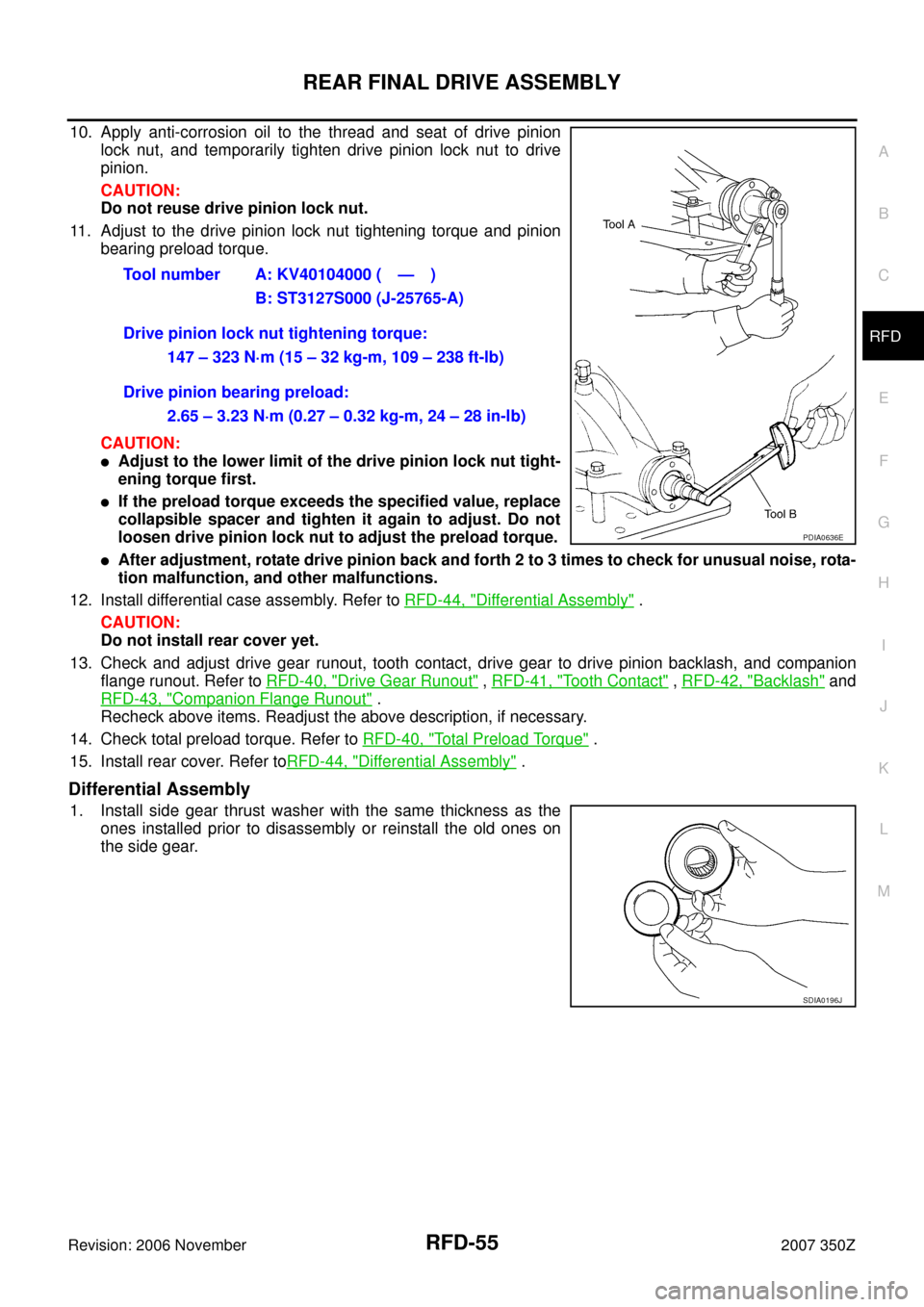 NISSAN 350Z 2007 Z33 Rear Final Drive Repair Manual REAR FINAL DRIVE ASSEMBLY
RFD-55
C
E
F
G
H
I
J
K
L
MA
B
RFD
Revision: 2006 November2007 350Z
10. Apply anti-corrosion oil to the thread and seat of drive pinion
lock nut, and temporarily tighten drive