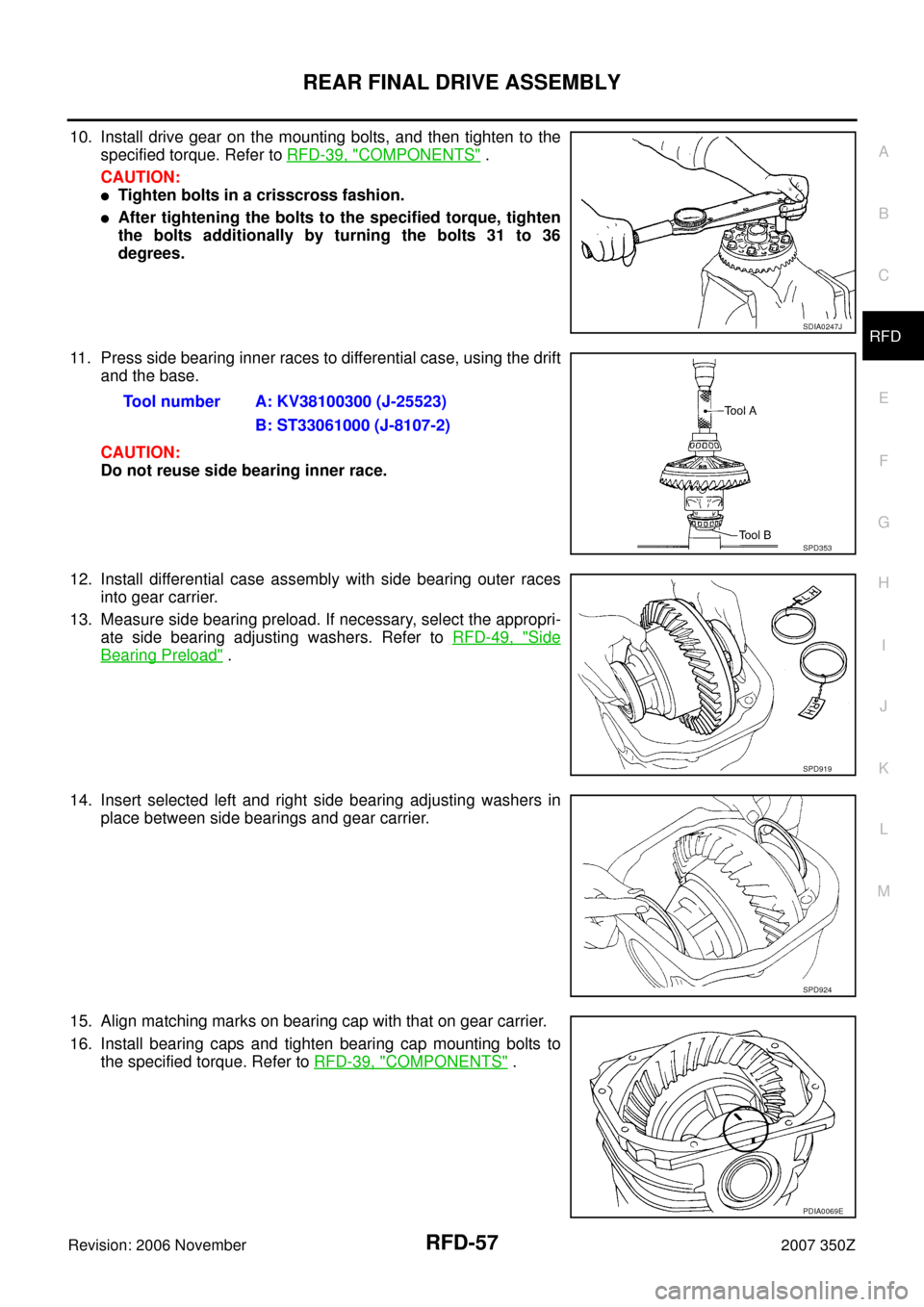 NISSAN 350Z 2007 Z33 Rear Final Drive Repair Manual REAR FINAL DRIVE ASSEMBLY
RFD-57
C
E
F
G
H
I
J
K
L
MA
B
RFD
Revision: 2006 November2007 350Z
10. Install drive gear on the mounting bolts, and then tighten to the
specified torque. Refer to RFD-39, "
