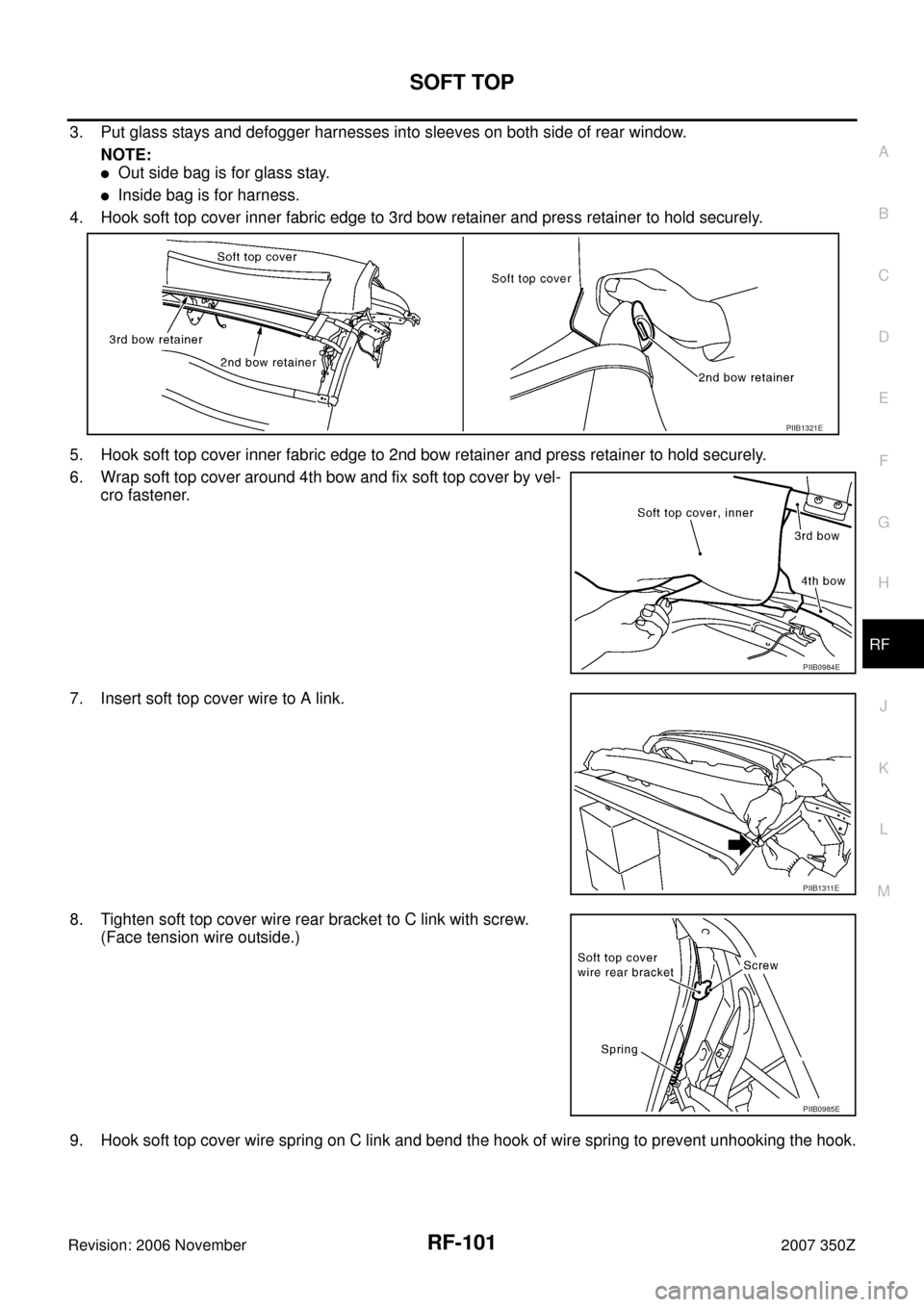 NISSAN 350Z 2007 Z33 Roof Workshop Manual SOFT TOP
RF-101
C
D
E
F
G
H
J
K
L
MA
B
RF
Revision: 2006 November2007 350Z
3. Put glass stays and defogger harnesses into sleeves on both side of rear window.
NOTE:
Out side bag is for glass stay.
I