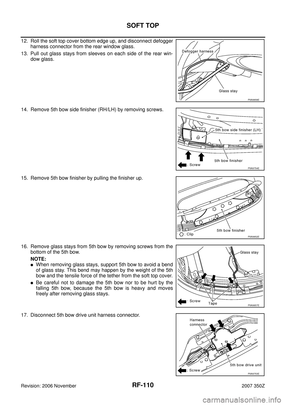 NISSAN 350Z 2007 Z33 Roof Workshop Manual RF-110
SOFT TOP
Revision: 2006 November2007 350Z
12. Roll the soft top cover bottom edge up, and disconnect defogger
harness connector from the rear window glass.
13. Pull out glass stays from sleeves