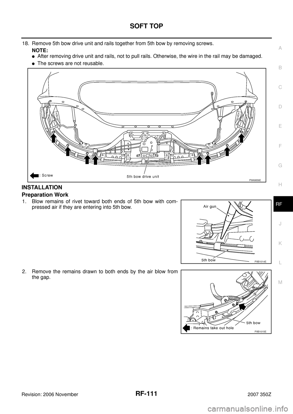 NISSAN 350Z 2007 Z33 Roof Workshop Manual SOFT TOP
RF-111
C
D
E
F
G
H
J
K
L
MA
B
RF
Revision: 2006 November2007 350Z
18. Remove 5th bow drive unit and rails together from 5th bow by removing screws.
NOTE:
After removing drive unit and rails,