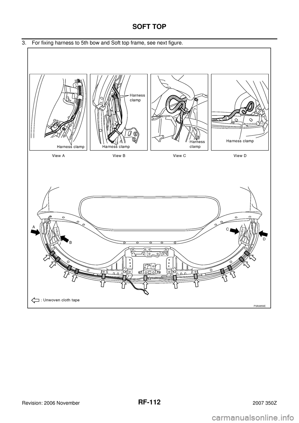 NISSAN 350Z 2007 Z33 Roof Workshop Manual RF-112
SOFT TOP
Revision: 2006 November2007 350Z
3. For fixing harness to 5th bow and Soft top frame, see next figure.
PIIA9859E 