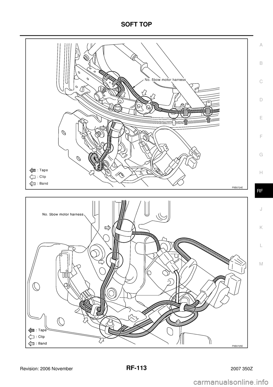 NISSAN 350Z 2007 Z33 Roof Workshop Manual SOFT TOP
RF-113
C
D
E
F
G
H
J
K
L
MA
B
RF
Revision: 2006 November2007 350ZPIIB0724E
PIIB0725E 