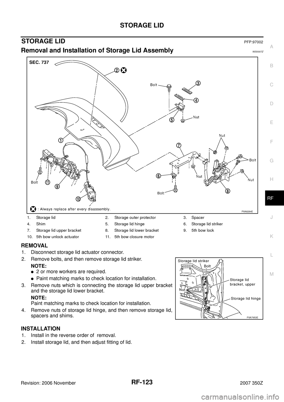 NISSAN 350Z 2007 Z33 Roof Workshop Manual STORAGE LID
RF-123
C
D
E
F
G
H
J
K
L
MA
B
RF
Revision: 2006 November2007 350Z
STORAGE LIDPFP:97002
Removal and Installation of Storage Lid AssemblyNIS0007Z
REMOVAL
1. Disconnect storage lid actuator c