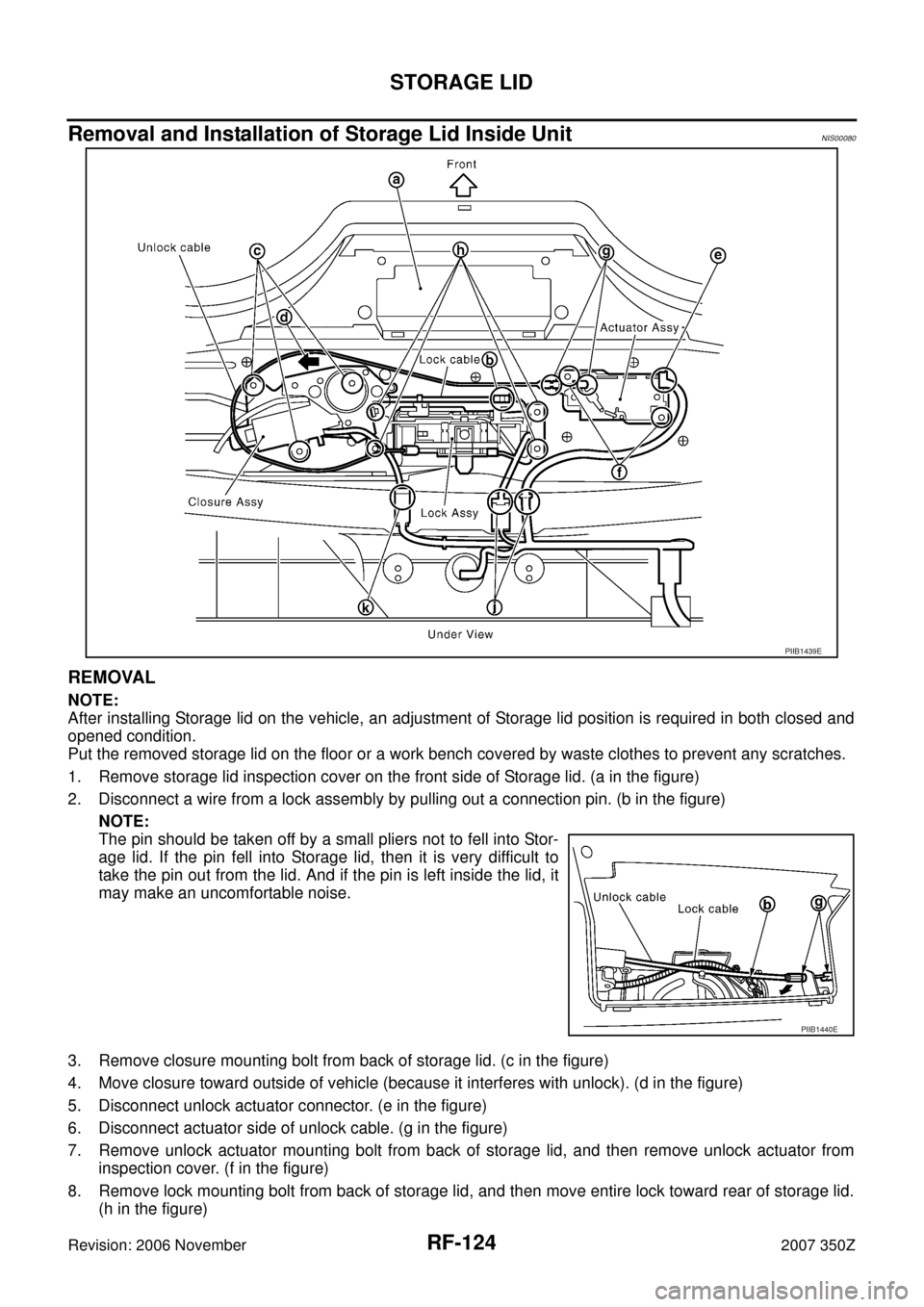 NISSAN 350Z 2007 Z33 Roof Workshop Manual RF-124
STORAGE LID
Revision: 2006 November2007 350Z
Removal and Installation of Storage Lid Inside UnitNIS00080
REMOVAL
NOTE:
After installing Storage lid on the vehicle, an adjustment of Storage lid 