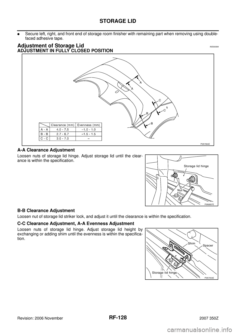 NISSAN 350Z 2007 Z33 Roof Workshop Manual RF-128
STORAGE LID
Revision: 2006 November2007 350Z
Secure left, right, and front end of storage room finisher with remaining part when removing using double-
faced adhesive tape.
Adjustment of Stora