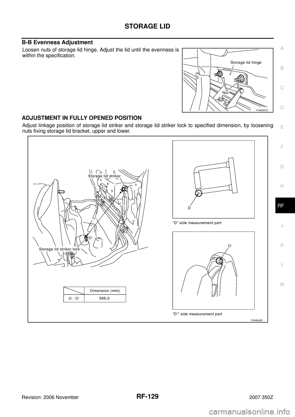 NISSAN 350Z 2007 Z33 Roof Workshop Manual STORAGE LID
RF-129
C
D
E
F
G
H
J
K
L
MA
B
RF
Revision: 2006 November2007 350Z
B-B Evenness Adjustment
Loosen nuts of storage lid hinge. Adjust the lid until the evenness is
within the specification.
A