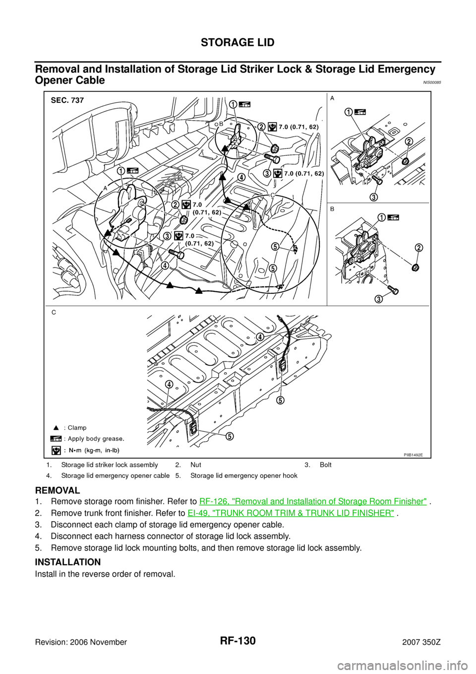 NISSAN 350Z 2007 Z33 Roof Workshop Manual RF-130
STORAGE LID
Revision: 2006 November2007 350Z
Removal and Installation of Storage Lid Striker Lock & Storage Lid Emergency 
Opener Cable
NIS00085
REMOVAL
1. Remove storage room finisher. Refer t