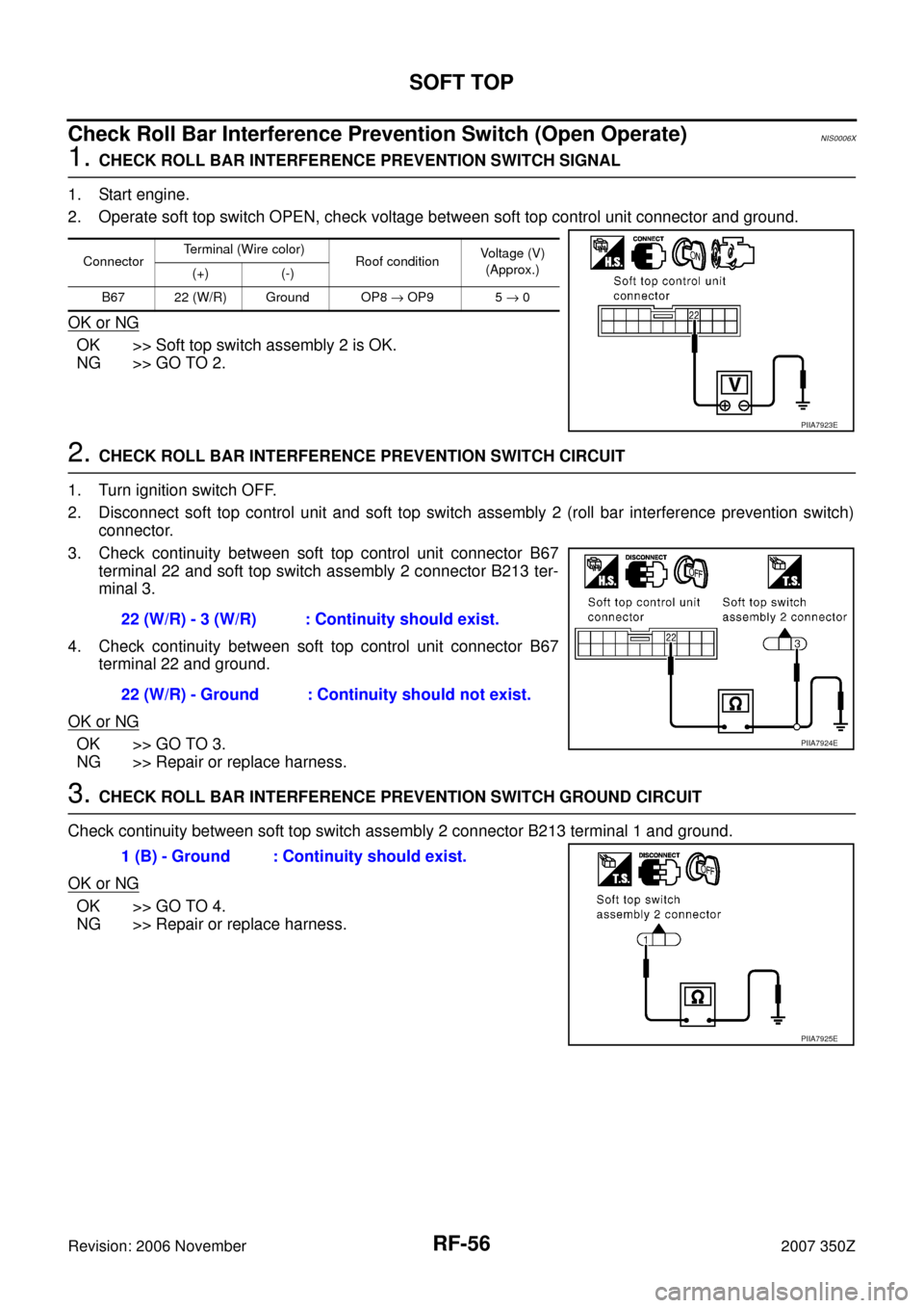 NISSAN 350Z 2007 Z33 Roof User Guide RF-56
SOFT TOP
Revision: 2006 November2007 350Z
Check Roll Bar Interference Prevention Switch (Open Operate)NIS0006X
1. CHECK ROLL BAR INTERFERENCE PREVENTION SWITCH SIGNAL
1. Start engine.
2. Operate