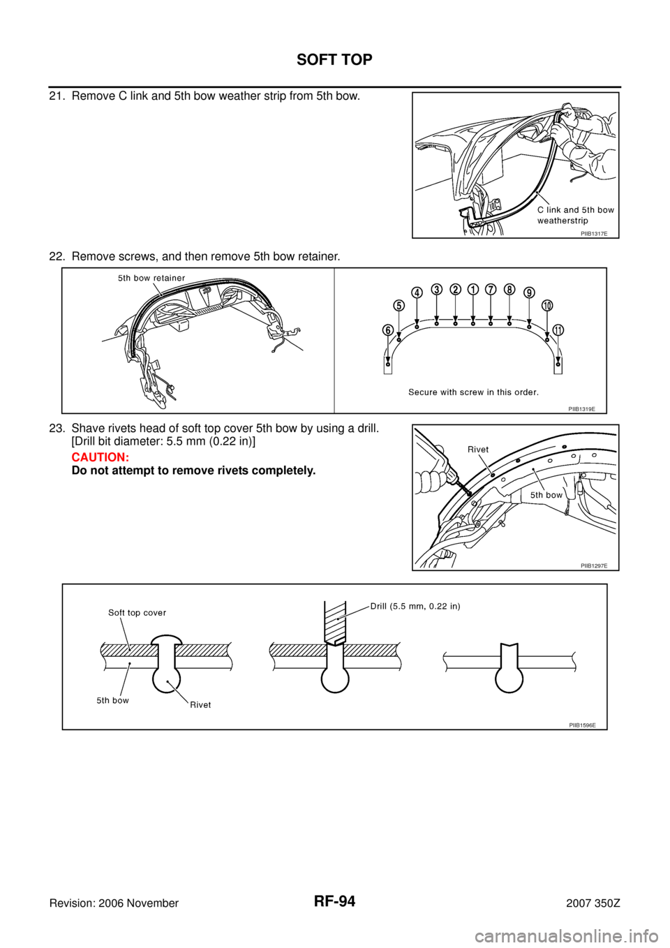 NISSAN 350Z 2007 Z33 Roof Owners Manual RF-94
SOFT TOP
Revision: 2006 November2007 350Z
21. Remove C link and 5th bow weather strip from 5th bow.
22. Remove screws, and then remove 5th bow retainer.
23. Shave rivets head of soft top cover 5