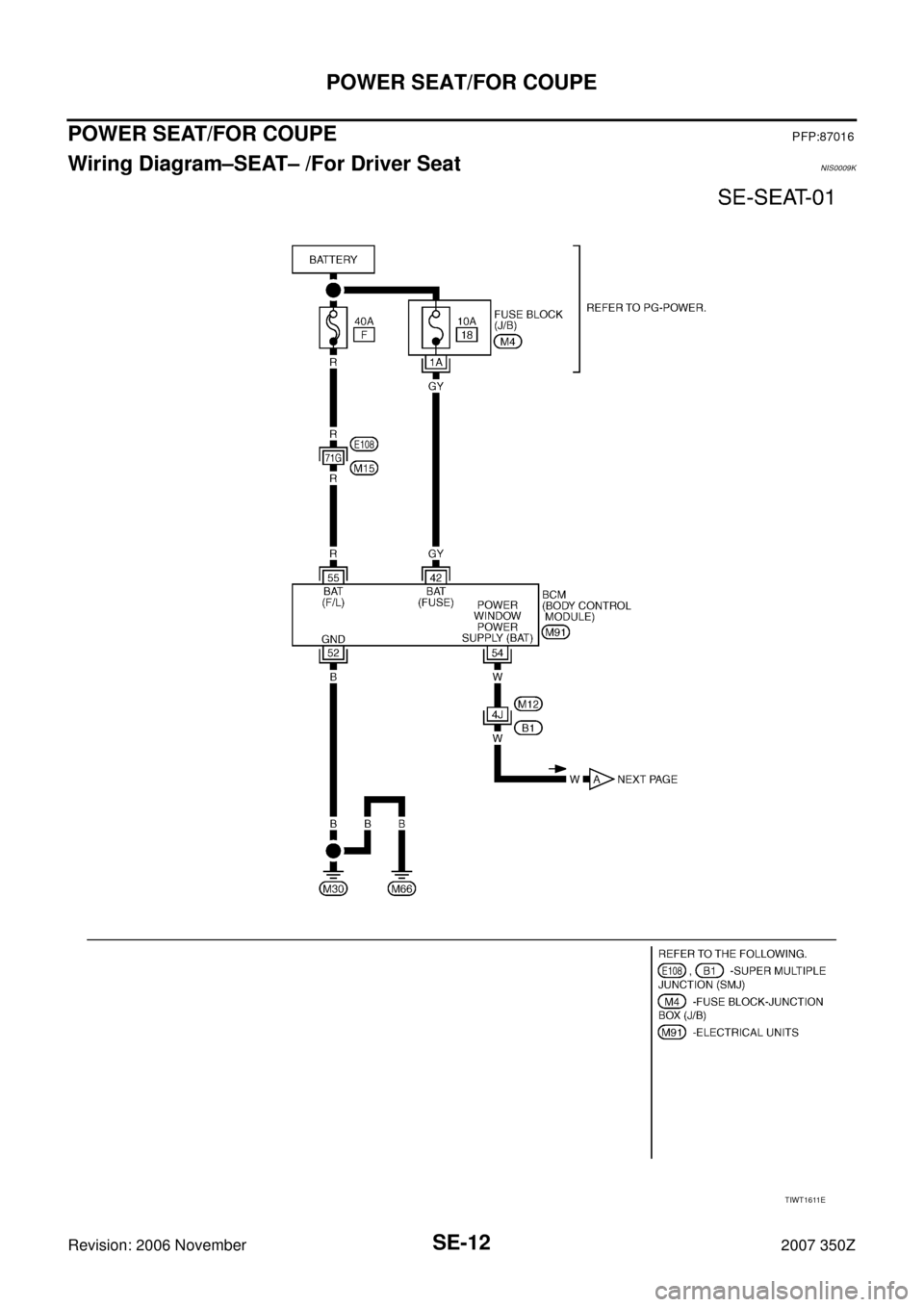 NISSAN 350Z 2007 Z33 Seat Workshop Manual SE-12
POWER SEAT/FOR COUPE
Revision: 2006 November2007 350Z
POWER SEAT/FOR COUPEPFP:87016
Wiring Diagram–SEAT– /For Driver SeatNIS0009K
TIWT1611E 