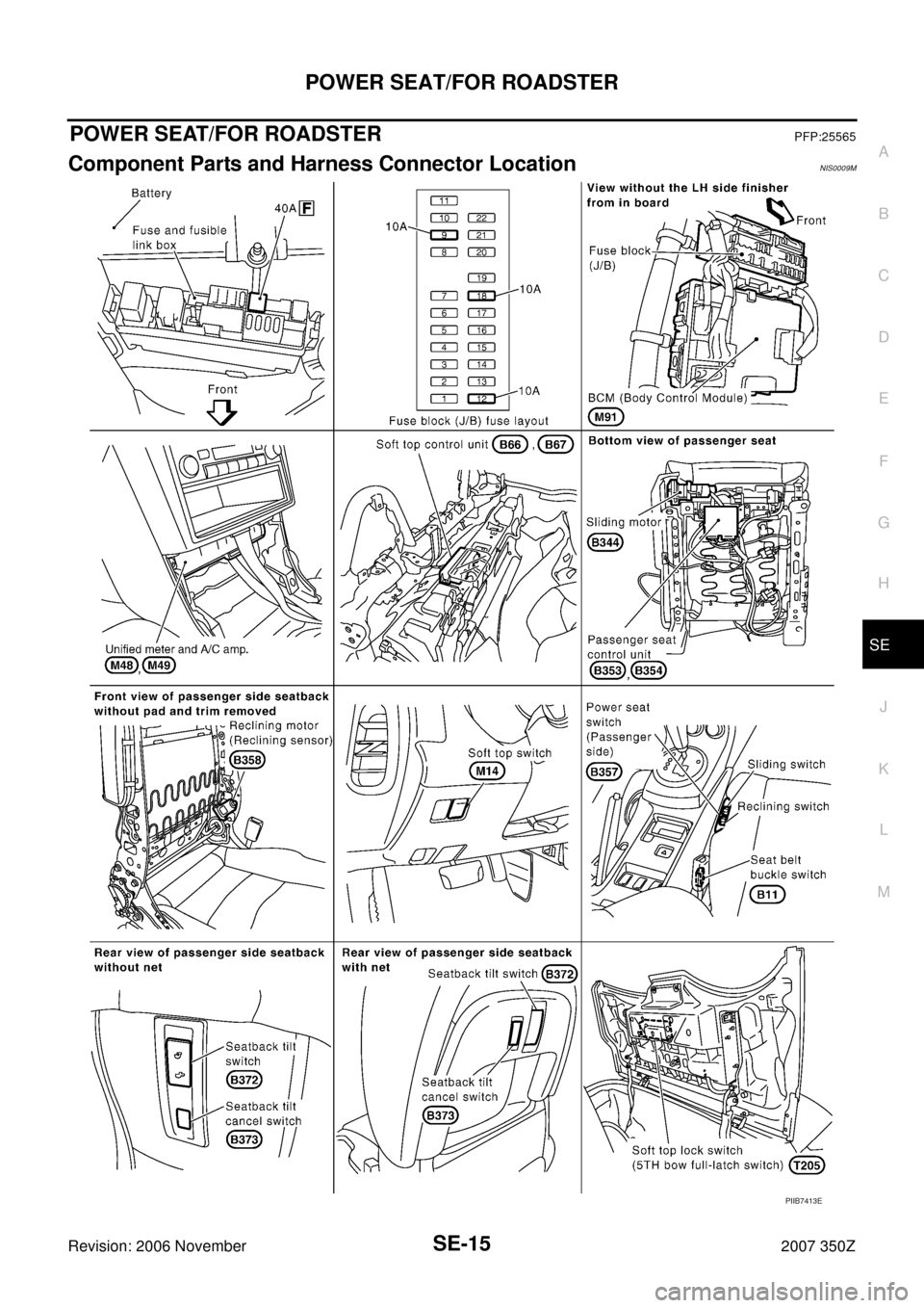 NISSAN 350Z 2007 Z33 Seat User Guide POWER SEAT/FOR ROADSTER
SE-15
C
D
E
F
G
H
J
K
L
MA
B
SE
Revision: 2006 November2007 350Z
POWER SEAT/FOR ROADSTERPFP:25565
Component Parts and Harness Connector LocationNIS0009M
PIIB7413E 