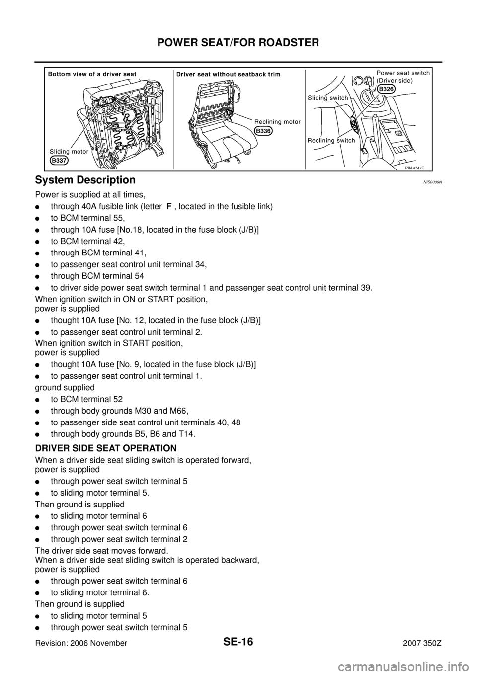 NISSAN 350Z 2007 Z33 Seat Workshop Manual SE-16
POWER SEAT/FOR ROADSTER
Revision: 2006 November2007 350Z
System DescriptionNIS0009N
Power is supplied at all times,
through 40A fusible link (letter  F , located in the fusible link)
to BCM te