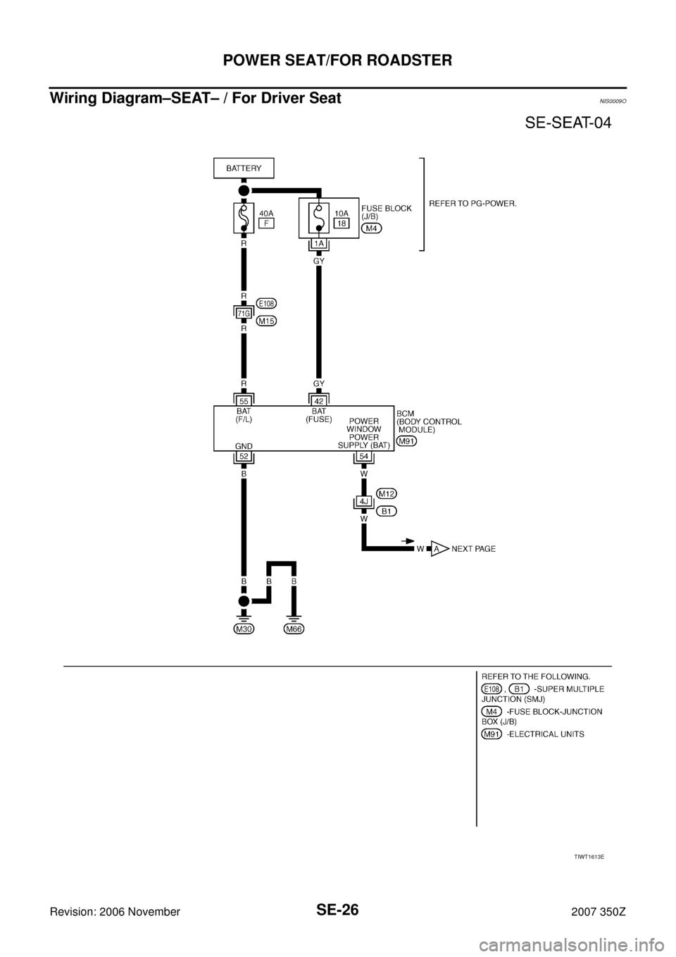 NISSAN 350Z 2007 Z33 Seat Workshop Manual SE-26
POWER SEAT/FOR ROADSTER
Revision: 2006 November2007 350Z
Wiring Diagram–SEAT– / For Driver SeatNIS0009O
TIWT1613E 