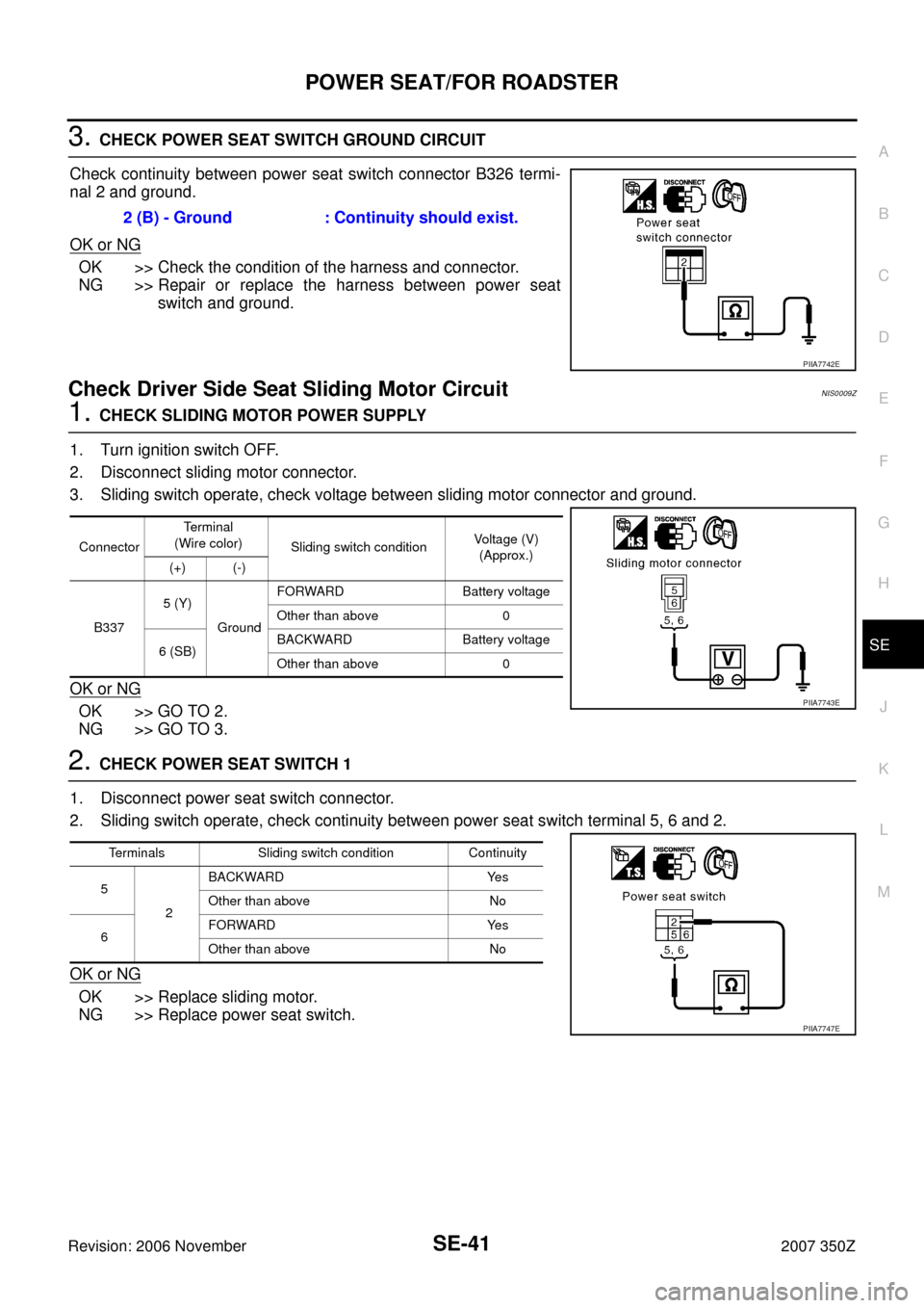 NISSAN 350Z 2007 Z33 Seat Service Manual POWER SEAT/FOR ROADSTER
SE-41
C
D
E
F
G
H
J
K
L
MA
B
SE
Revision: 2006 November2007 350Z
3. CHECK POWER SEAT SWITCH GROUND CIRCUIT
Check continuity between power seat switch connector B326 termi-
nal NISSAN 350Z 2007 Z33 Seat Service Manual POWER SEAT/FOR ROADSTER
SE-41
C
D
E
F
G
H
J
K
L
MA
B
SE
Revision: 2006 November2007 350Z
3. CHECK POWER SEAT SWITCH GROUND CIRCUIT
Check continuity between power seat switch connector B326 termi-
nal