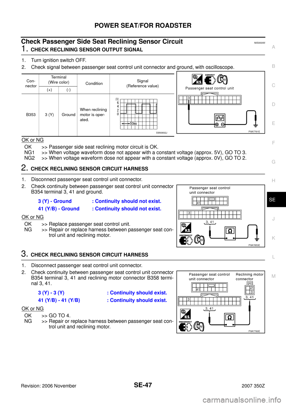 NISSAN 350Z 2007 Z33 Seat Service Manual POWER SEAT/FOR ROADSTER
SE-47
C
D
E
F
G
H
J
K
L
MA
B
SE
Revision: 2006 November2007 350Z
Check Passenger Side Seat Reclining Sensor Circuit NIS000A5
1. CHECK RECLINING SENSOR OUTPUT SIGNAL
1. Turn ign