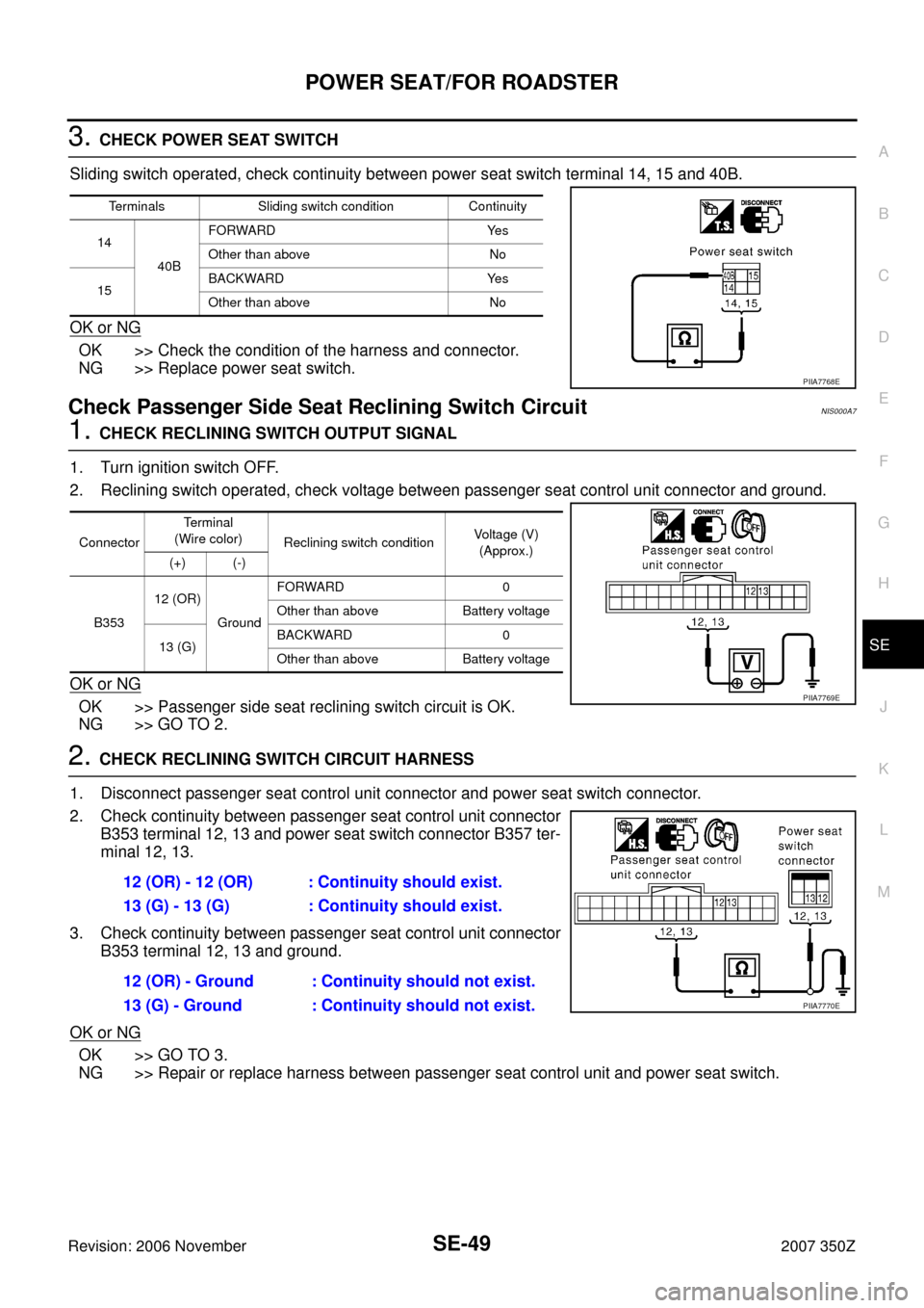 NISSAN 350Z 2007 Z33 Seat Service Manual POWER SEAT/FOR ROADSTER
SE-49
C
D
E
F
G
H
J
K
L
MA
B
SE
Revision: 2006 November2007 350Z
3. CHECK POWER SEAT SWITCH
Sliding switch operated, check continuity between power seat switch terminal 14, 15 