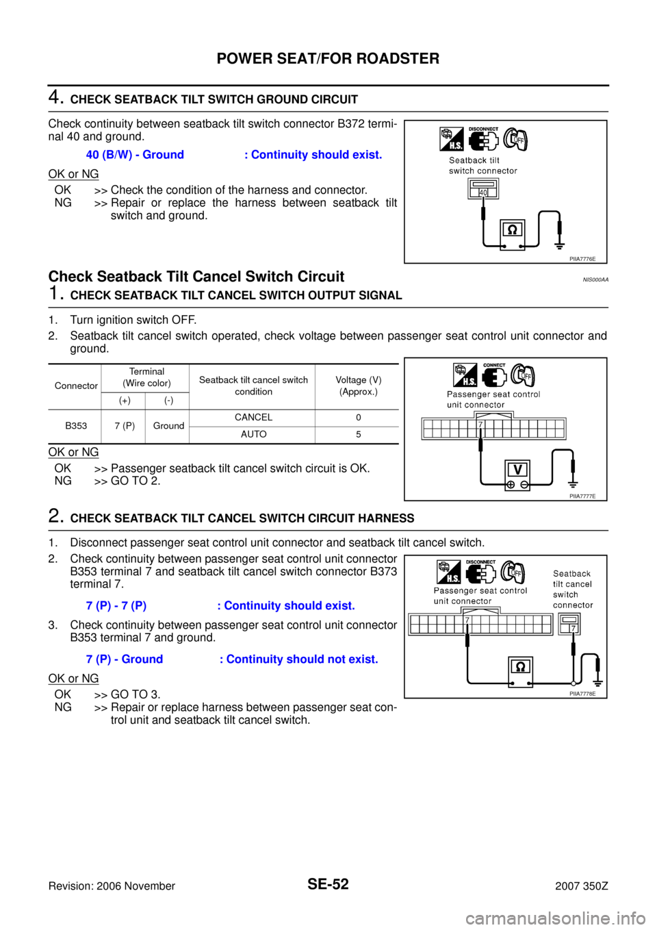 NISSAN 350Z 2007 Z33 Seat Repair Manual SE-52
POWER SEAT/FOR ROADSTER
Revision: 2006 November2007 350Z
4. CHECK SEATBACK TILT SWITCH GROUND CIRCUIT
Check continuity between seatback tilt switch connector B372 termi-
nal 40 and ground.
OK or