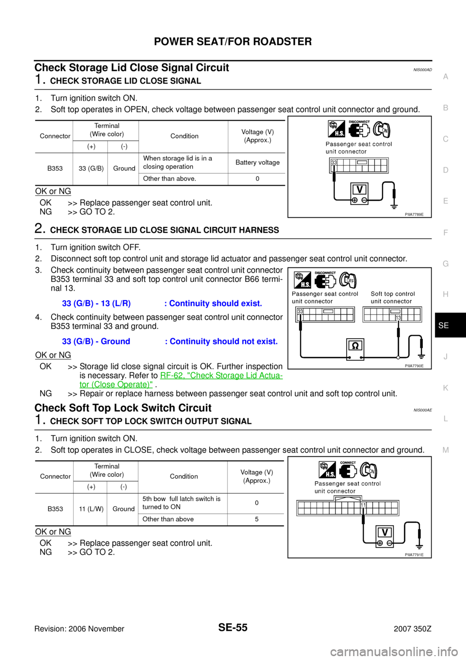 NISSAN 350Z 2007 Z33 Seat Repair Manual POWER SEAT/FOR ROADSTER
SE-55
C
D
E
F
G
H
J
K
L
MA
B
SE
Revision: 2006 November2007 350Z
Check Storage Lid Close Signal Circuit NIS000AD
1. CHECK STORAGE LID CLOSE SIGNAL
1. Turn ignition switch ON.
2