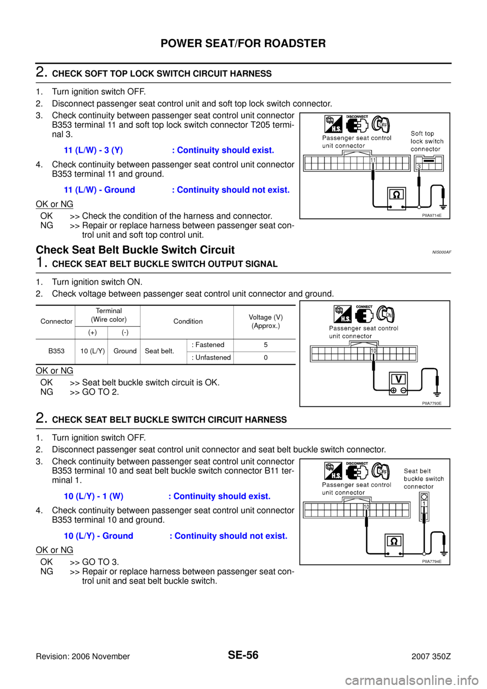 NISSAN 350Z 2007 Z33 Seat Repair Manual SE-56
POWER SEAT/FOR ROADSTER
Revision: 2006 November2007 350Z
2. CHECK SOFT TOP LOCK SWITCH CIRCUIT HARNESS
1. Turn ignition switch OFF.
2. Disconnect passenger seat control unit and soft top lock sw