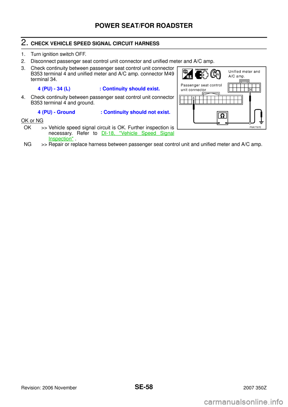 NISSAN 350Z 2007 Z33 Seat Repair Manual SE-58
POWER SEAT/FOR ROADSTER
Revision: 2006 November2007 350Z
2. CHECK VEHICLE SPEED SIGNAL CIRCUIT HARNESS
1. Turn ignition switch OFF.
2. Disconnect passenger seat control unit connector and unifie