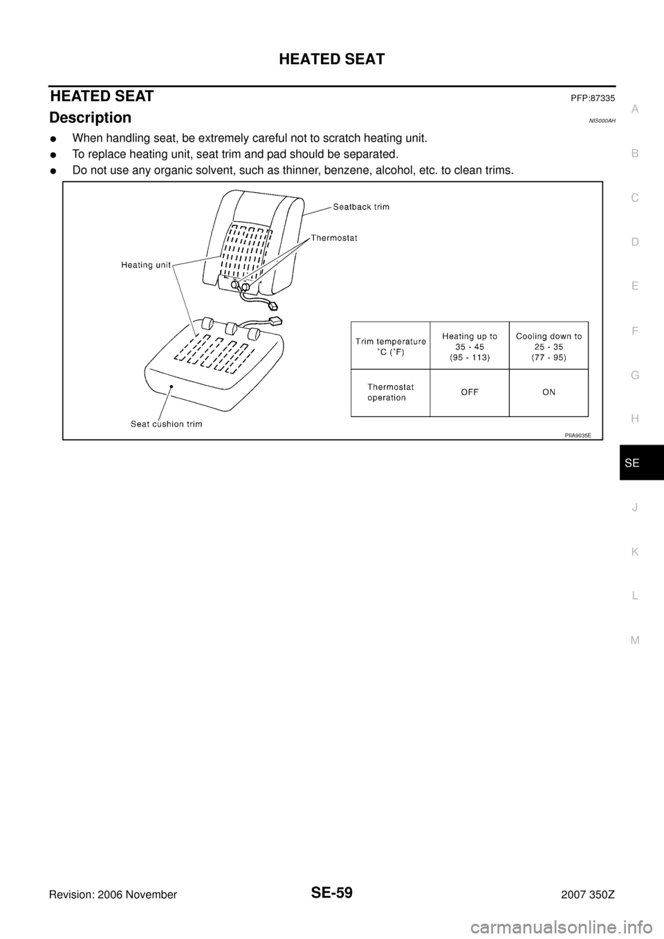 NISSAN 350Z 2007 Z33 Seat Repair Manual HEATED SEAT
SE-59
C
D
E
F
G
H
J
K
L
MA
B
SE
Revision: 2006 November2007 350Z
HEATED SEATPFP:87335
DescriptionNIS000AH
When handling seat, be extremely careful not to scratch heating unit.
To replace