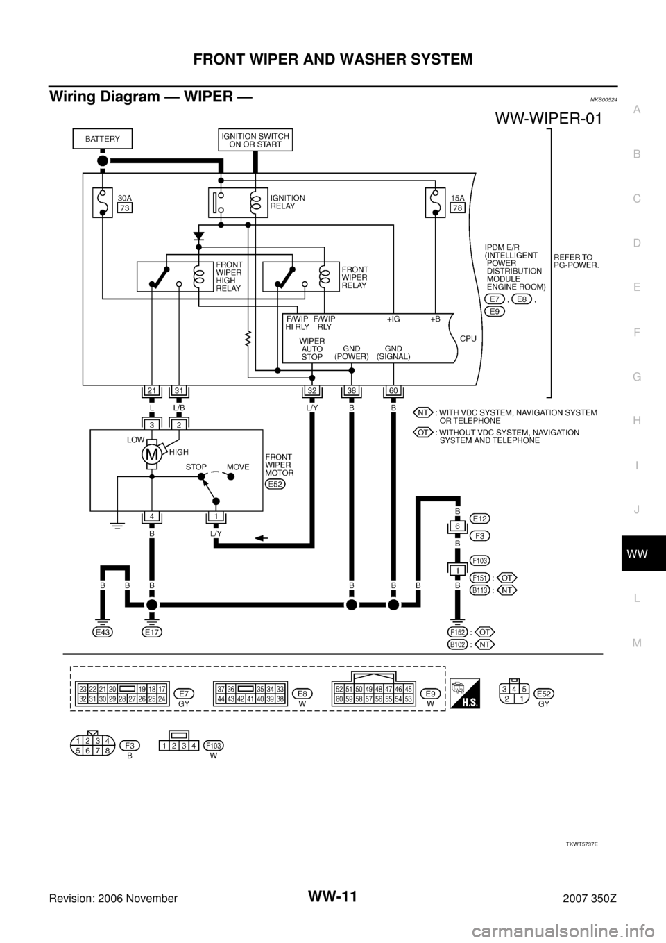 NISSAN 350Z 2007 Z33 Wiper, Washer And Horn User Guide FRONT WIPER AND WASHER SYSTEM
WW-11
C
D
E
F
G
H
I
J
L
MA
B
WW
Revision: 2006 November2007 350Z
Wiring Diagram — WIPER —NKS00524
TKWT5737E 