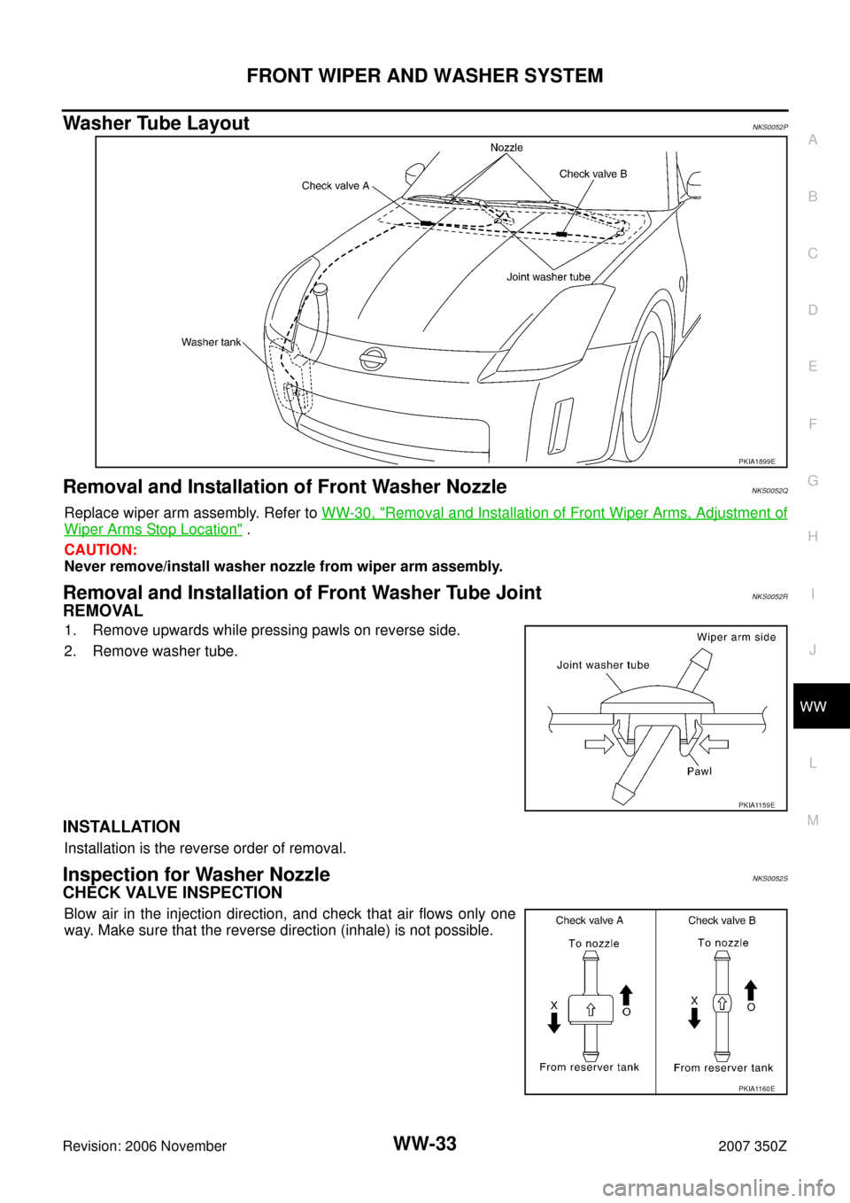 NISSAN 350Z 2007 Z33 Wiper, Washer And Horn Owners Guide FRONT WIPER AND WASHER SYSTEM
WW-33
C
D
E
F
G
H
I
J
L
MA
B
WW
Revision: 2006 November2007 350Z
Washer Tube LayoutNKS0052P
Removal and Installation of Front Washer NozzleNKS0052Q
Replace wiper arm asse