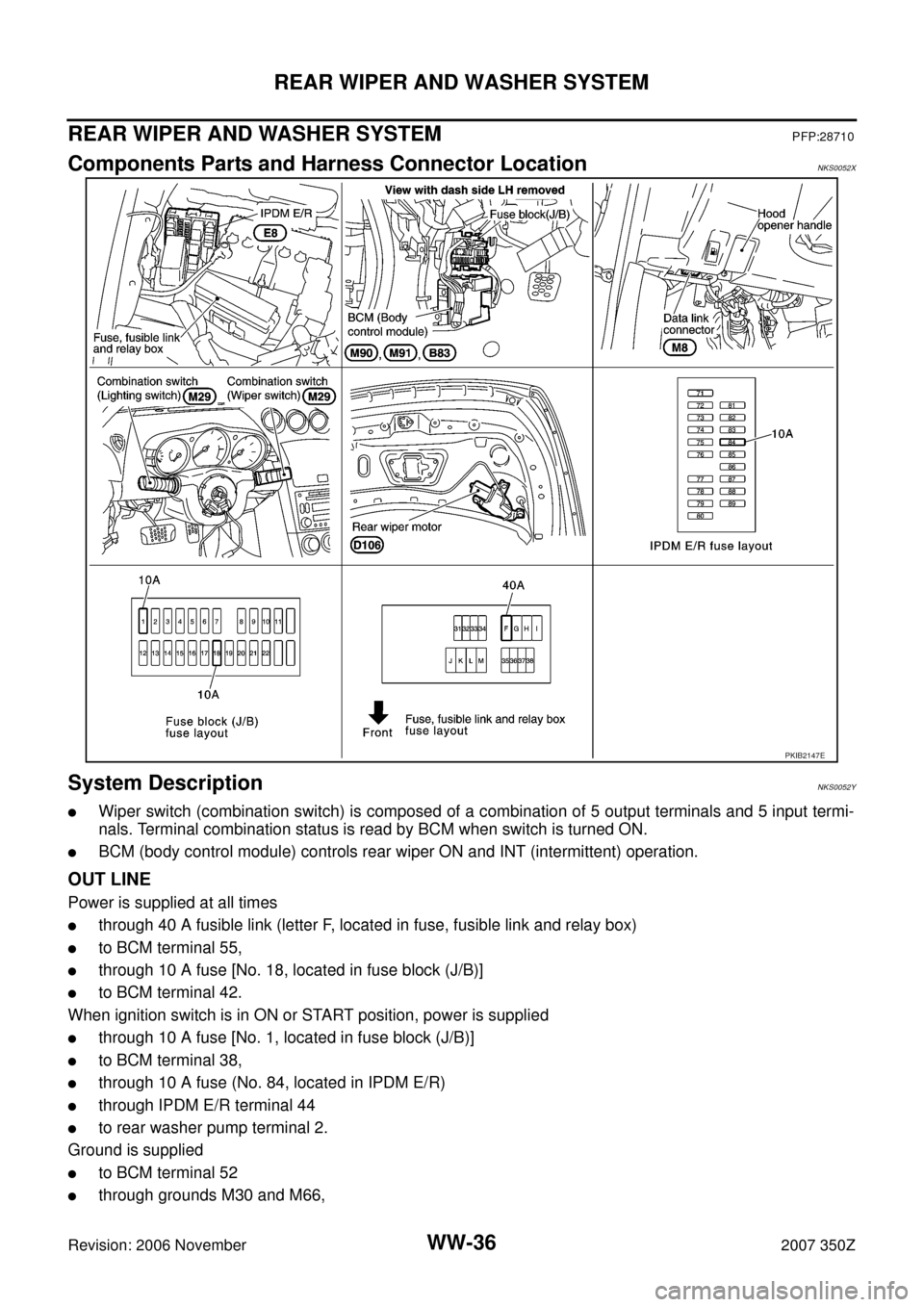 NISSAN 350Z 2007 Z33 Wiper, Washer And Horn Workshop Manual WW-36
REAR WIPER AND WASHER SYSTEM
Revision: 2006 November2007 350Z
REAR WIPER AND WASHER SYSTEMPFP:28710
Components Parts and Harness Connector LocationNKS0052X
System DescriptionNKS0052Y
Wiper swit