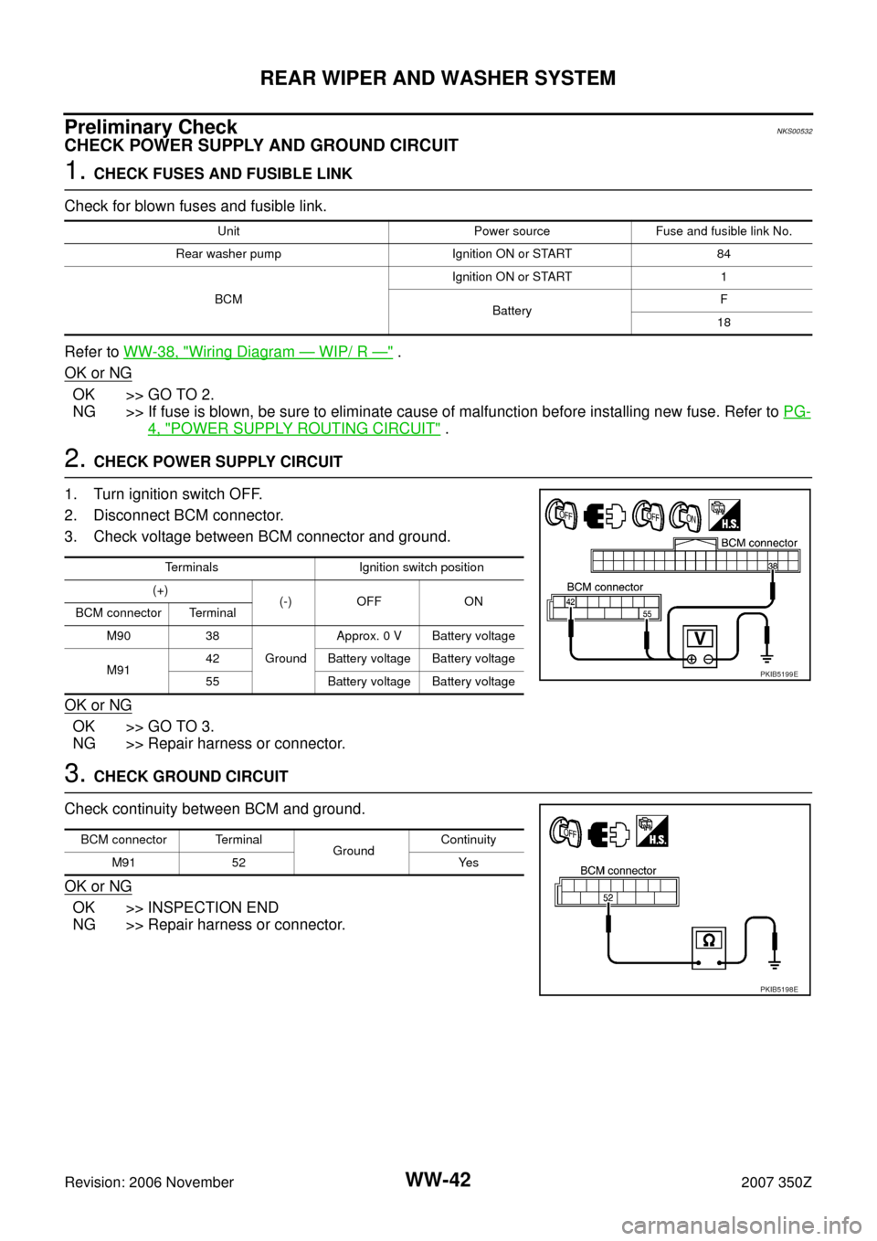 NISSAN 350Z 2007 Z33 Wiper, Washer And Horn Workshop Manual WW-42
REAR WIPER AND WASHER SYSTEM
Revision: 2006 November2007 350Z
Preliminary CheckNKS00532
CHECK POWER SUPPLY AND GROUND CIRCUIT
1. CHECK FUSES AND FUSIBLE LINK
Check for blown fuses and fusible li