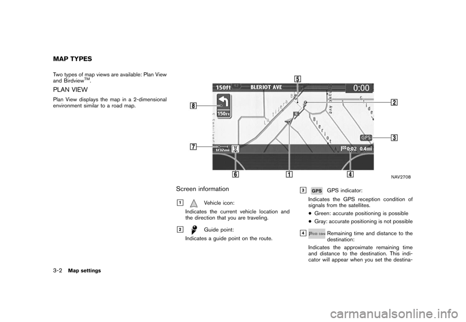 NISSAN MAXIMA 2008 A34 / 6.G 04IT Navigation Manual Black plate (48,1)
Model "NISSAN_NAVI" EDITED: 2007/ 2/ 26
Two types of map views are available: Plan View
and BirdviewTM.
PLAN VIEW
Plan View displays the map in a 2-dimensional
environment similar t