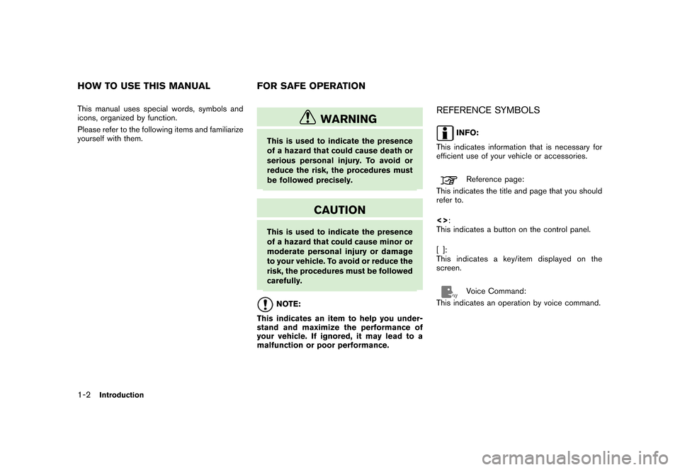 NISSAN TITAN 2008 1.G 06IT Navigation Manual Black plate (4,1)
Model "NAV2-N" EDITED: 2007/ 3/ 9
This manual uses special words, symbols and
icons, organized by function.
Please refer to the following items and familiarize
yourself with them.
WA