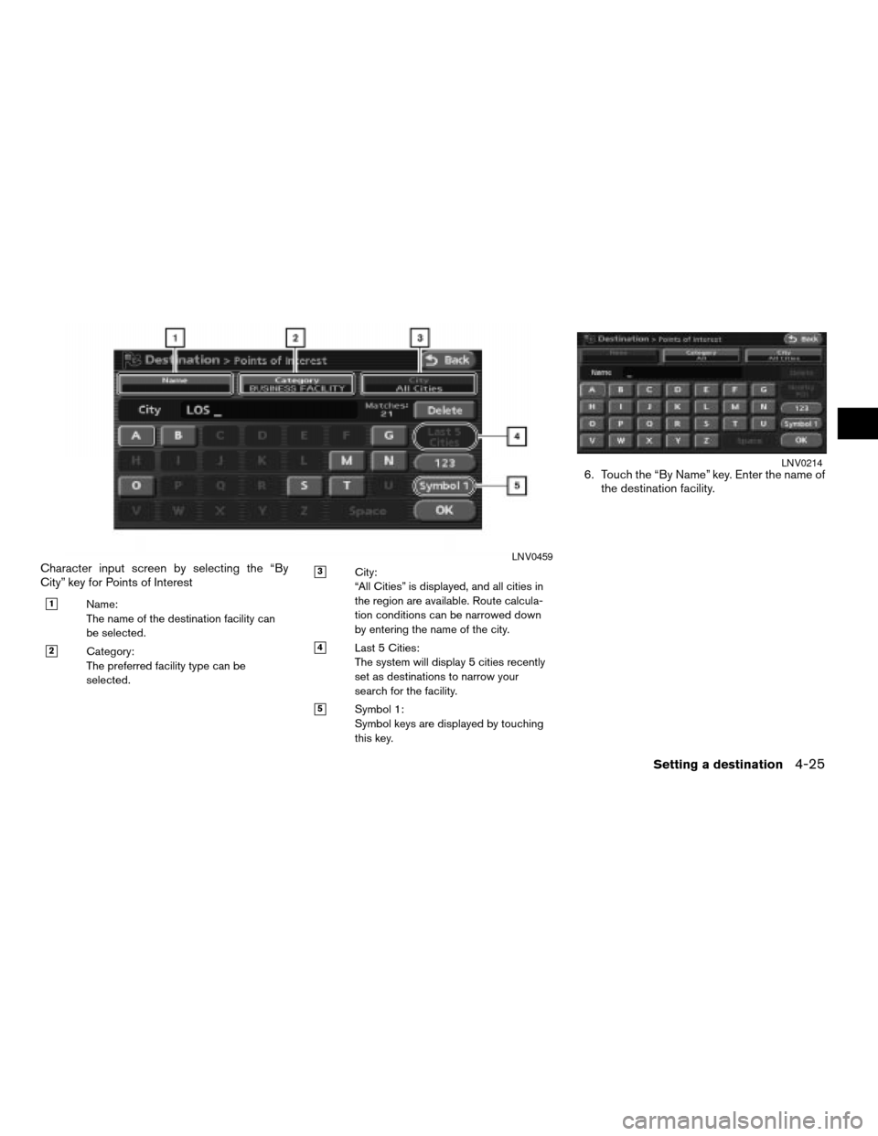 NISSAN ALTIMA 2008 L32A / 4.G Navigation Manual Character input screen by selecting the “By
City” key for Points of Interest
h1Name:
The name of the destination facility can
be selected.
h2Category:
The preferred facility type can be
selected.
NISSAN ALTIMA 2008 L32A / 4.G Navigation Manual Character input screen by selecting the “By
City” key for Points of Interest
h1Name:
The name of the destination facility can
be selected.
h2Category:
The preferred facility type can be
selected.