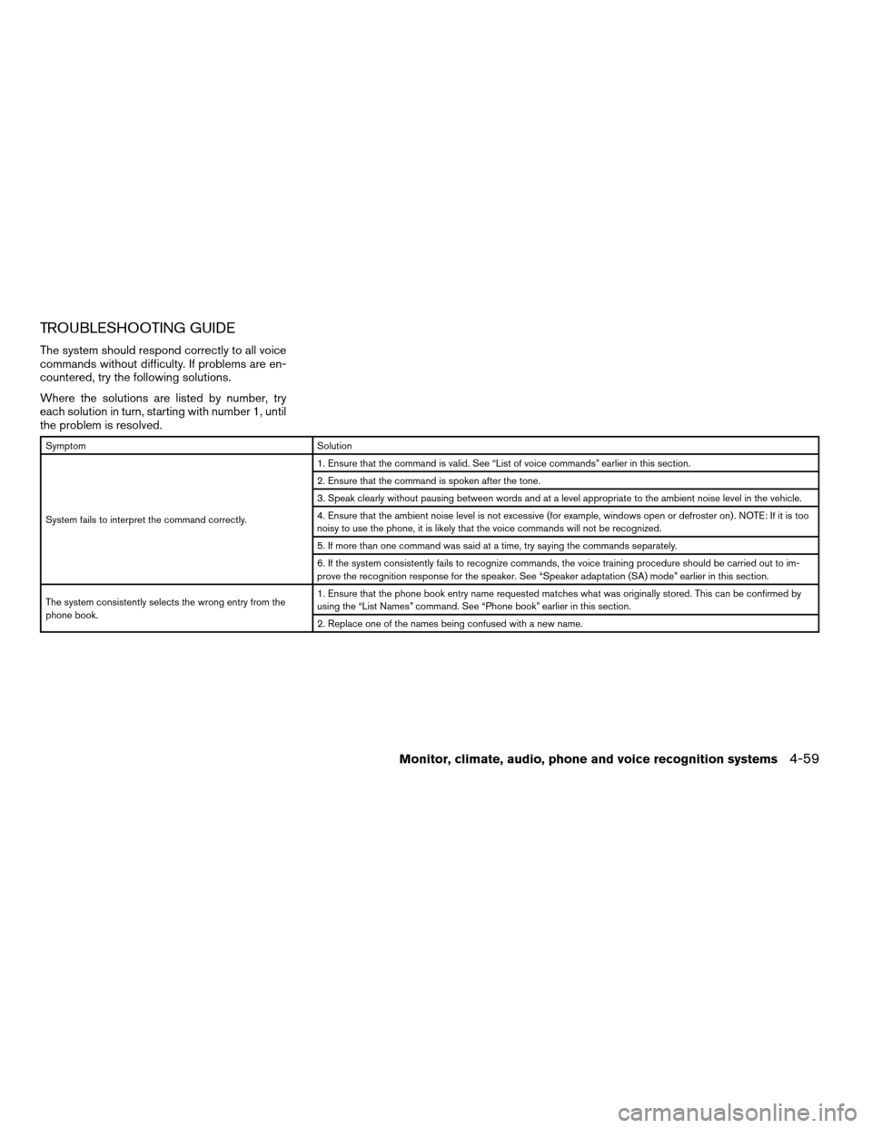 NISSAN ALTIMA 2008 L32A / 4.G Owners Manual TROUBLESHOOTING GUIDE
The system should respond correctly to all voice
commands without difficulty. If problems are en-
countered, try the following solutions.
Where the solutions are listed by number NISSAN ALTIMA 2008 L32A / 4.G Owners Manual TROUBLESHOOTING GUIDE
The system should respond correctly to all voice
commands without difficulty. If problems are en-
countered, try the following solutions.
Where the solutions are listed by number