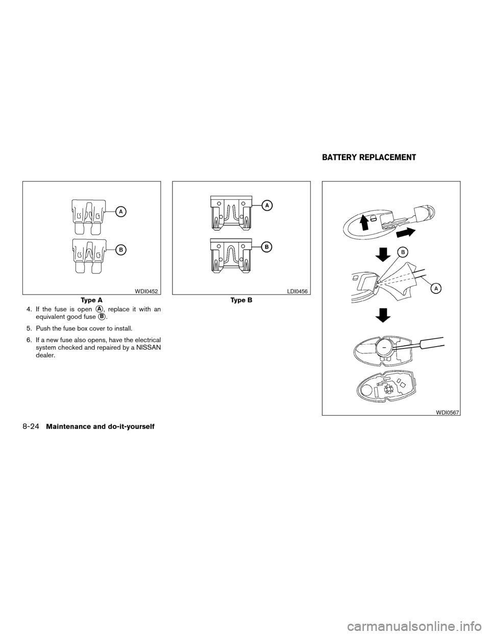 NISSAN ALTIMA 2008 L32A / 4.G Owners Manual 4. If the fuse is opensA, replace it with an
equivalent good fuse
sB.
5. Push the fuse box cover to install.
6. If a new fuse also opens, have the electrical
system checked and repaired by a NISSAN
de