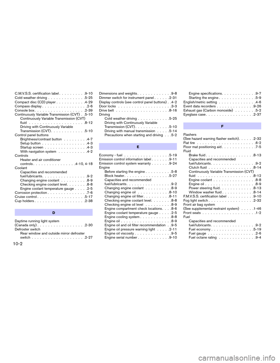 NISSAN ALTIMA 2008 L32A / 4.G Owners Manual C.M.V.S.S. certification label..........9-10
Cold weather driving..............5-25
Compact disc (CD) player...........4-29
Compass display.................2-6
Console box...................2-39
Conti