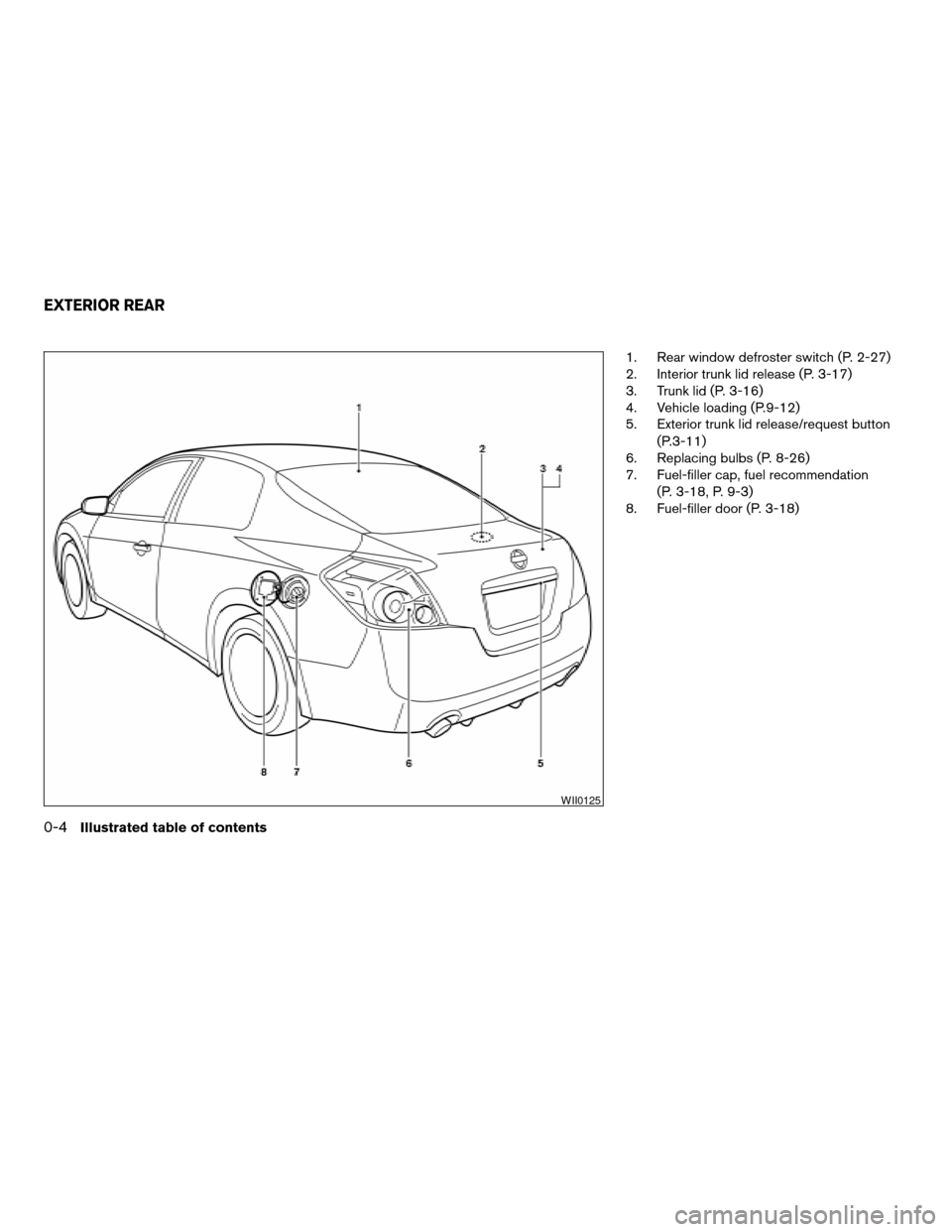 NISSAN ALTIMA 2008 L32A / 4.G Owners Manual 1. Rear window defroster switch (P. 2-27)
2. Interior trunk lid release (P. 3-17)
3. Trunk lid (P. 3-16)
4. Vehicle loading (P.9-12)
5. Exterior trunk lid release/request button
(P.3-11)
6. Replacing 