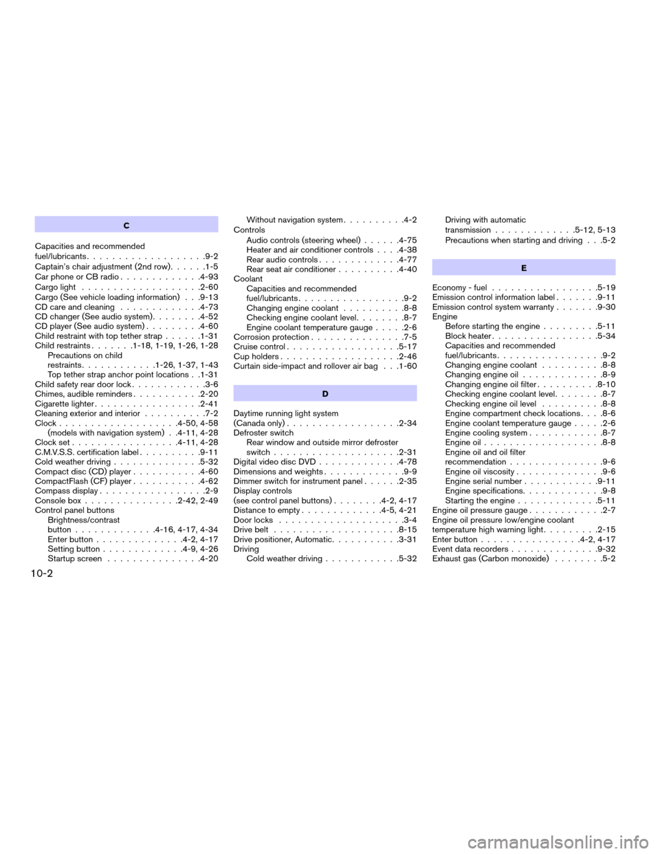 NISSAN ARMADA 2008 1.G User Guide C
Capacities and recommended
fuel/lubricants...................9-2
Captain’s chair adjustment (2nd row)......1-5
Car phone or CB radio.............4-93
Cargo light...................2-60
Cargo (See 