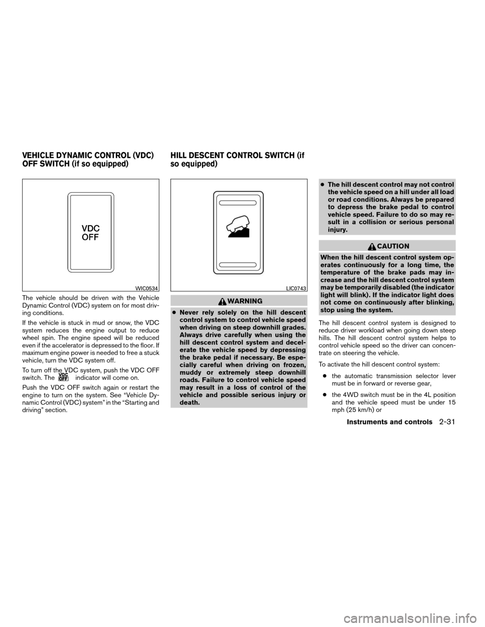 NISSAN FRONTIER 2008 D22 / 1.G Owners Manual The vehicle should be driven with the Vehicle
Dynamic Control (VDC) system on for most driv-
ing conditions.
If the vehicle is stuck in mud or snow, the VDC
system reduces the engine output to reduce
NISSAN FRONTIER 2008 D22 / 1.G Owners Manual The vehicle should be driven with the Vehicle
Dynamic Control (VDC) system on for most driv-
ing conditions.
If the vehicle is stuck in mud or snow, the VDC
system reduces the engine output to reduce