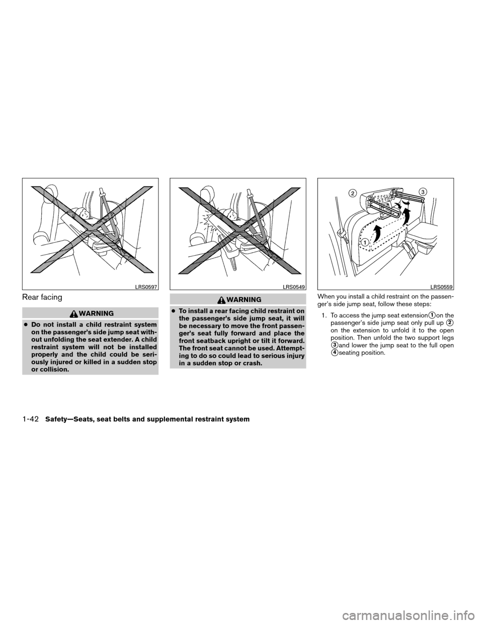 NISSAN FRONTIER 2008 D22 / 1.G Workshop Manual Rear facing
WARNING
cDo not install a child restraint system
on the passenger’s side jump seat with-
out unfolding the seat extender. A child
restraint system will not be installed
properly and the 