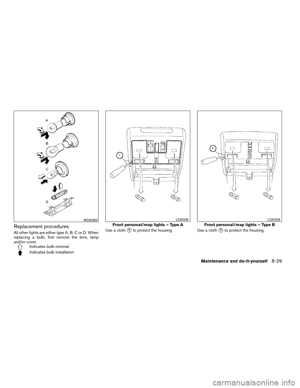 NISSAN MAXIMA 2008 A34 / 6.G Service Manual Replacement procedures
All other lights are either type A, B, C or D. When
replacing a bulb, first remove the lens, lamp
and/or cover.
Indicates bulb removal
Indicates bulb installationUse a cloth
s1t