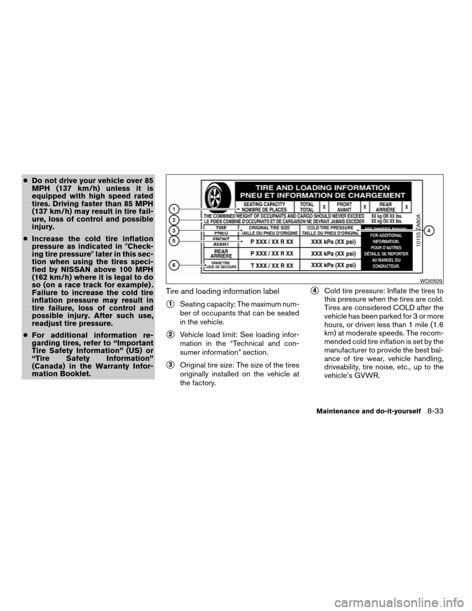 NISSAN MAXIMA 2008 A34 / 6.G Owners Manual cDo not drive your vehicle over 85
MPH (137 km/h) unless it is
equipped with high speed rated
tires. Driving faster than 85 MPH
(137 km/h) may result in tire fail-
ure, loss of control and possible
in
